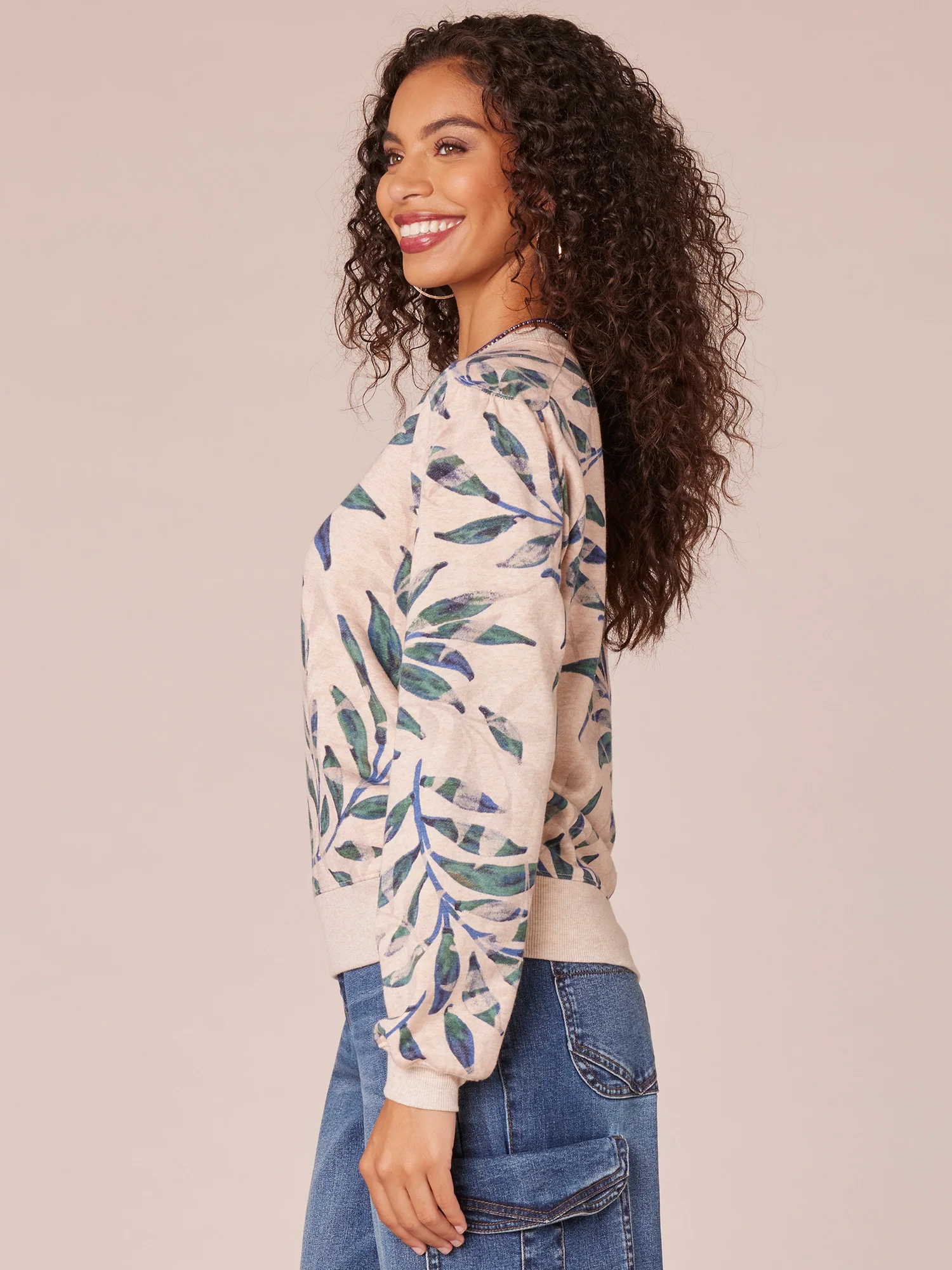 Long Sleeve Scoop Neck Shoulder Yoke Printed Knit Sweatshirt - Legahigh