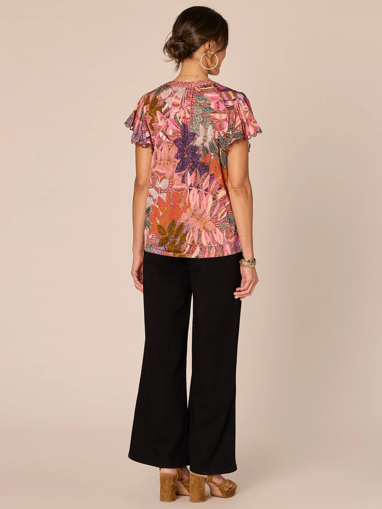 Short Flutter Sleeve Half Placket Print Knit Top - Legahigh