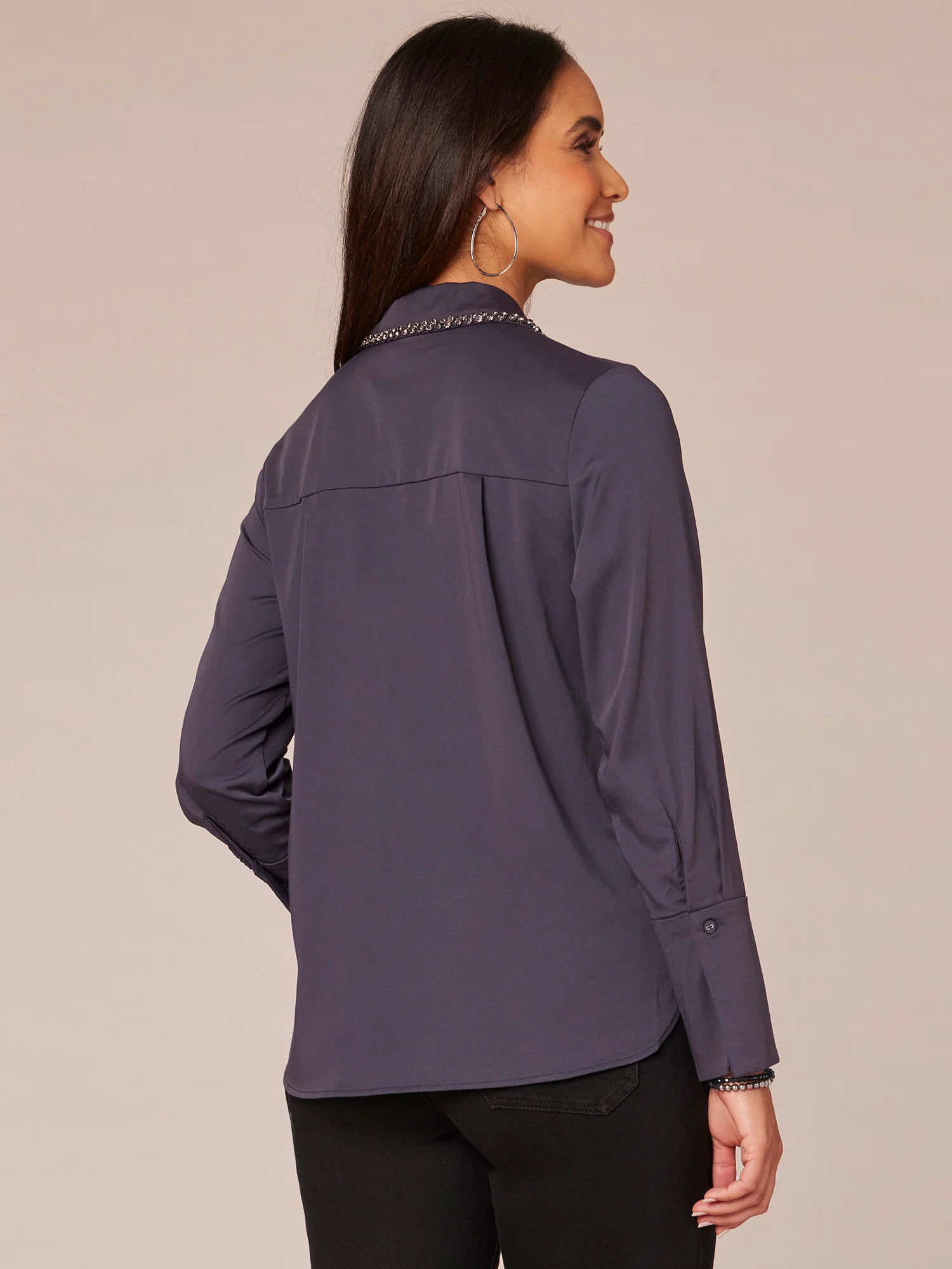 Long French Cuff Sleeve Button Down Beaded Detail Woven Shirt - Legahigh