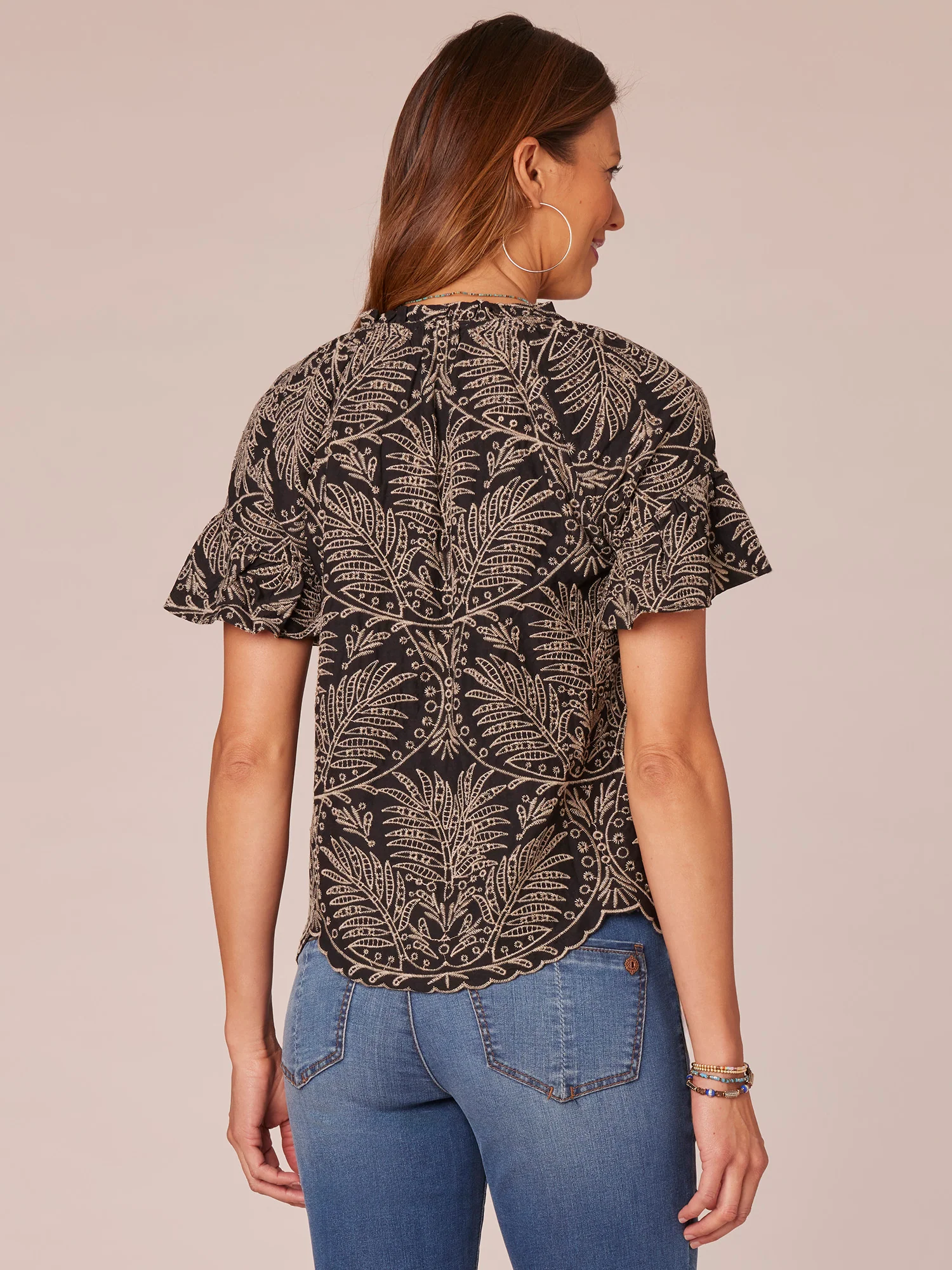 Short Sleeve Ruffle Split Neck Embroidered Printed Woven Top - Legahigh