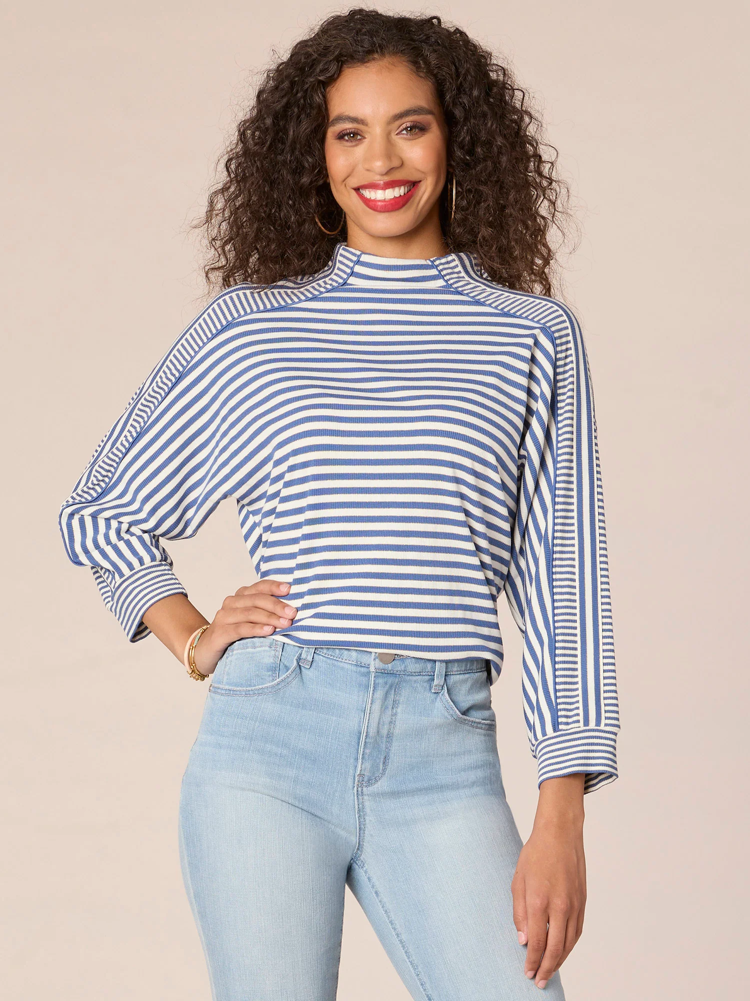 Three Quarter Dolman Sleeve Mock Neck Stripe Blocked Print Knit Top - Legahigh