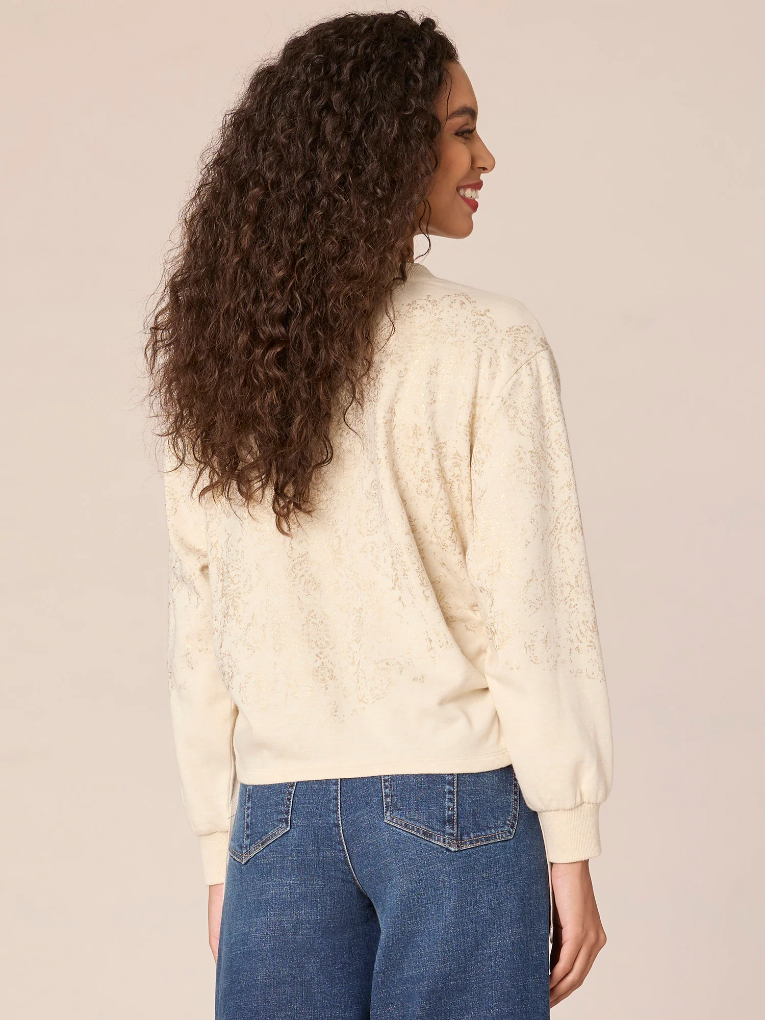 Long Sleeve Boatneck Foil Placement Print Knit Top with Drawstring Hem - Legahigh