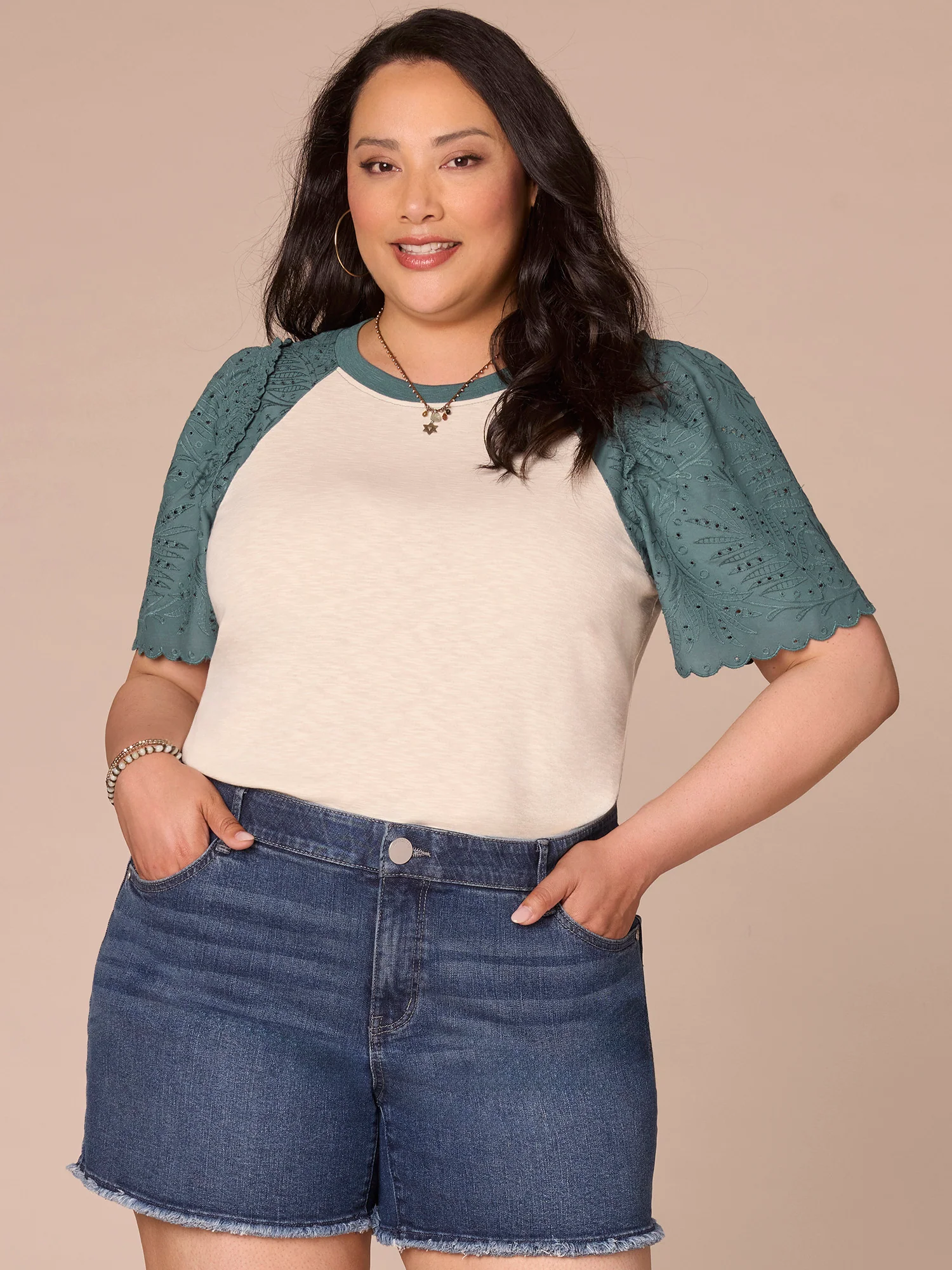 Puff Sleeve Scoop Neck Embroidered Yoke Plus Size Knit Top - Legahigh