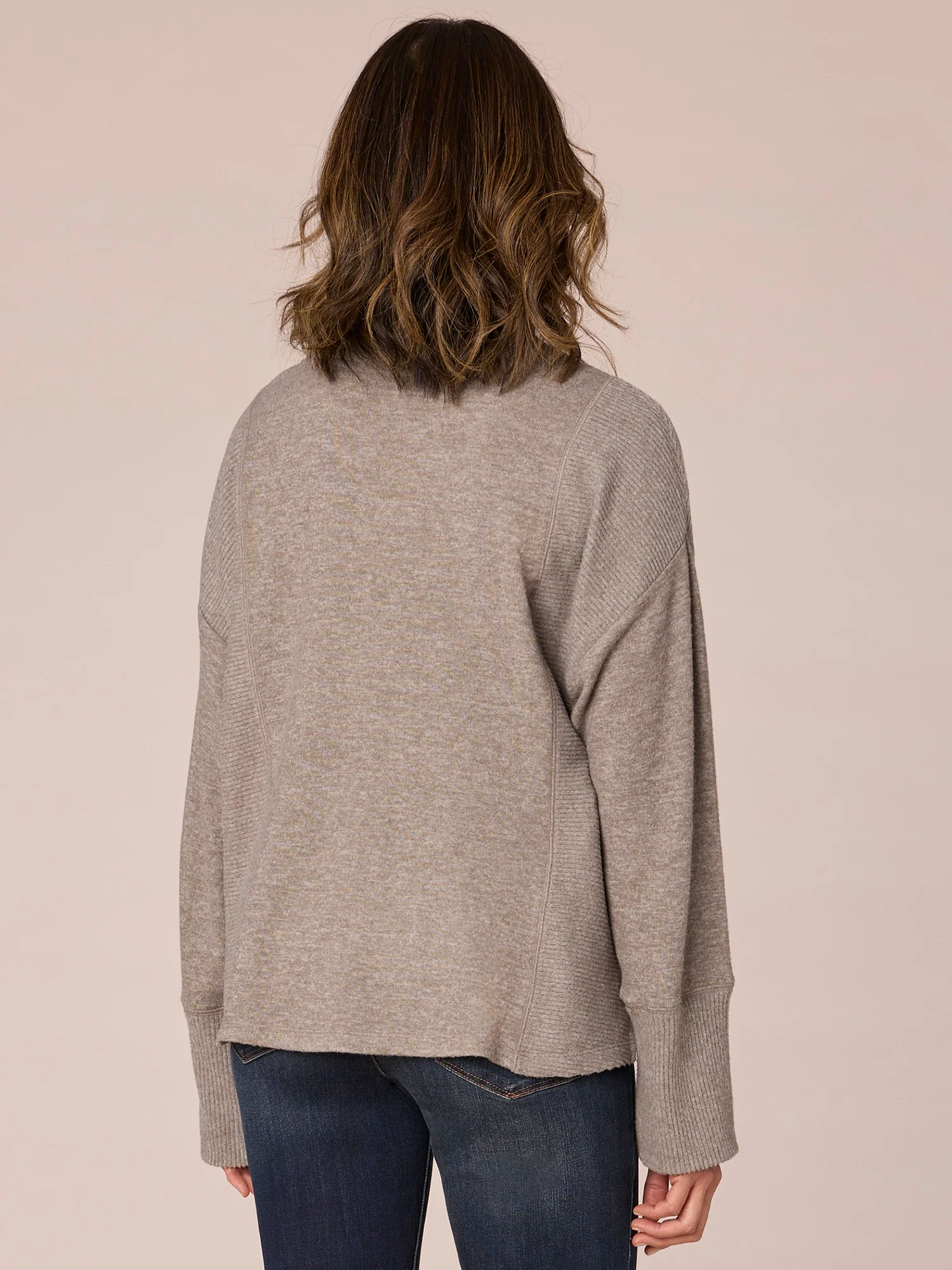 Long Straight Sleeve Scoop Neck Rhinestone Mixed Media Knit Top - Legahigh