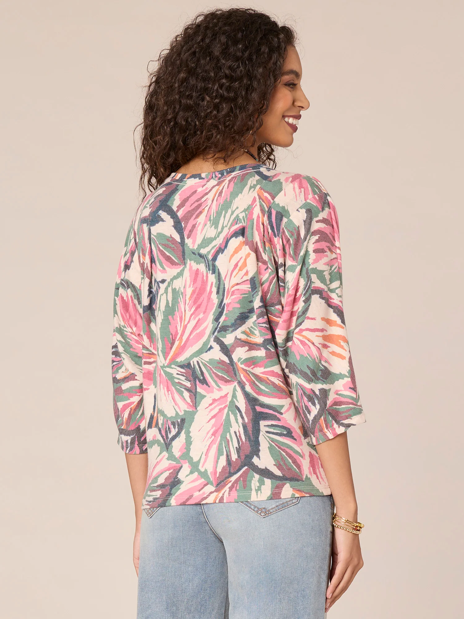 Three Quarter Sleeve Boatneck Front Knot Hem Printed Petite Knit Top - Legahigh