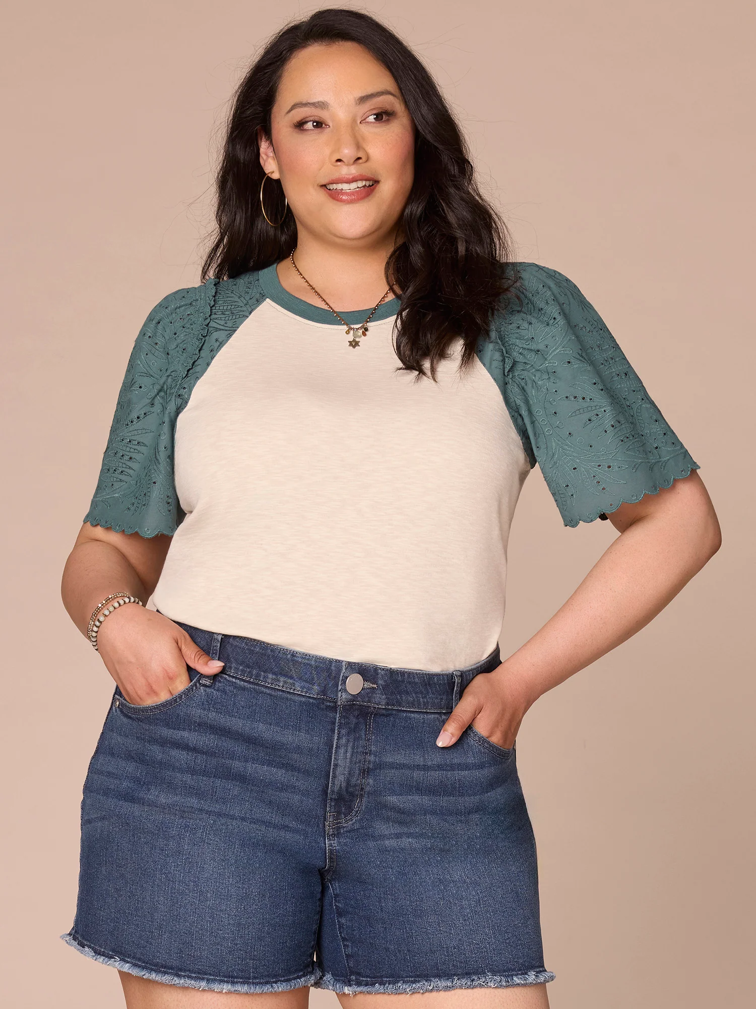 Puff Sleeve Scoop Neck Embroidered Yoke Plus Size Knit Top - Legahigh