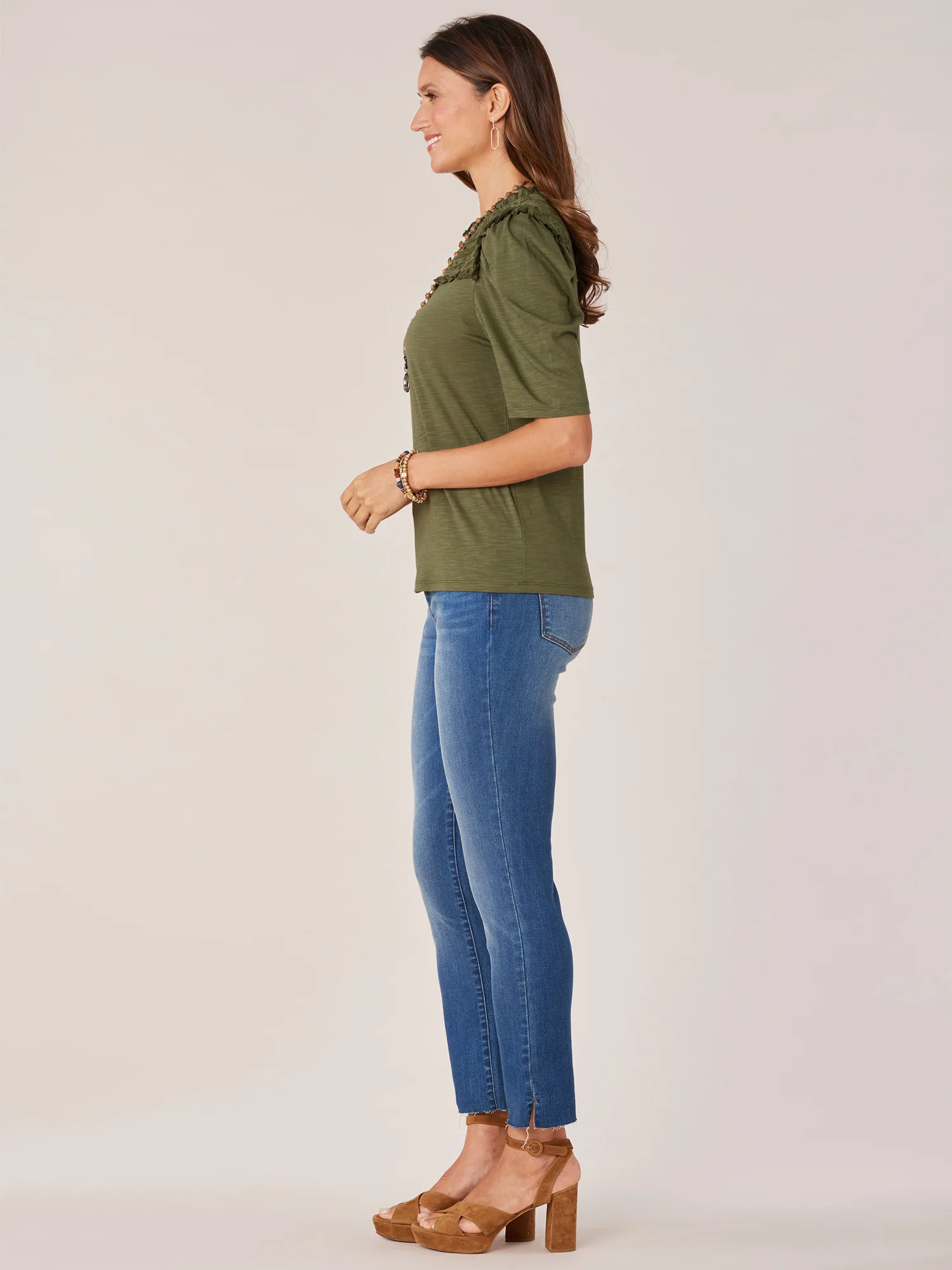 Round Ruffle Neck Elbow Puff Sleeve Half Button Down Knit Top - Legahigh