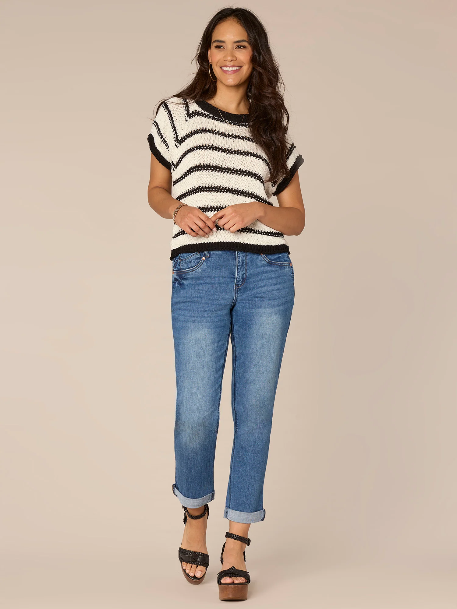 Raglan Extended Short Sleeve Round Neck Novelty Stripe Sweater - Legahigh