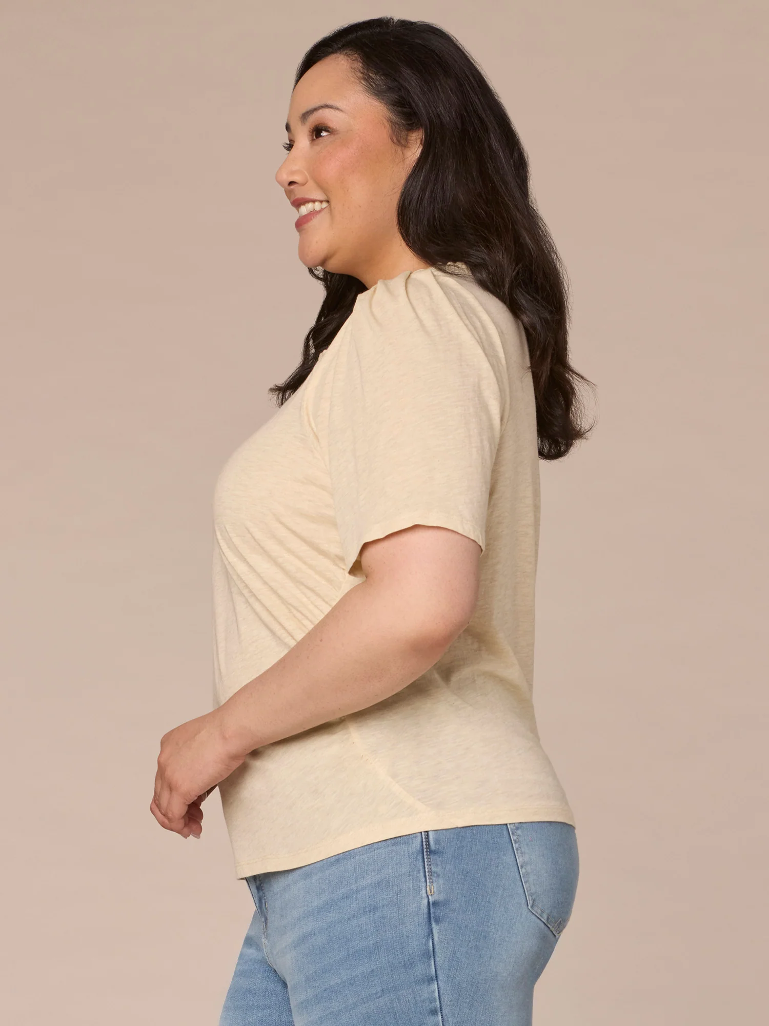 Pleated Elbow Sleeve Scoop Neck Plus Size Knit Top with Side Ruching - Legahigh