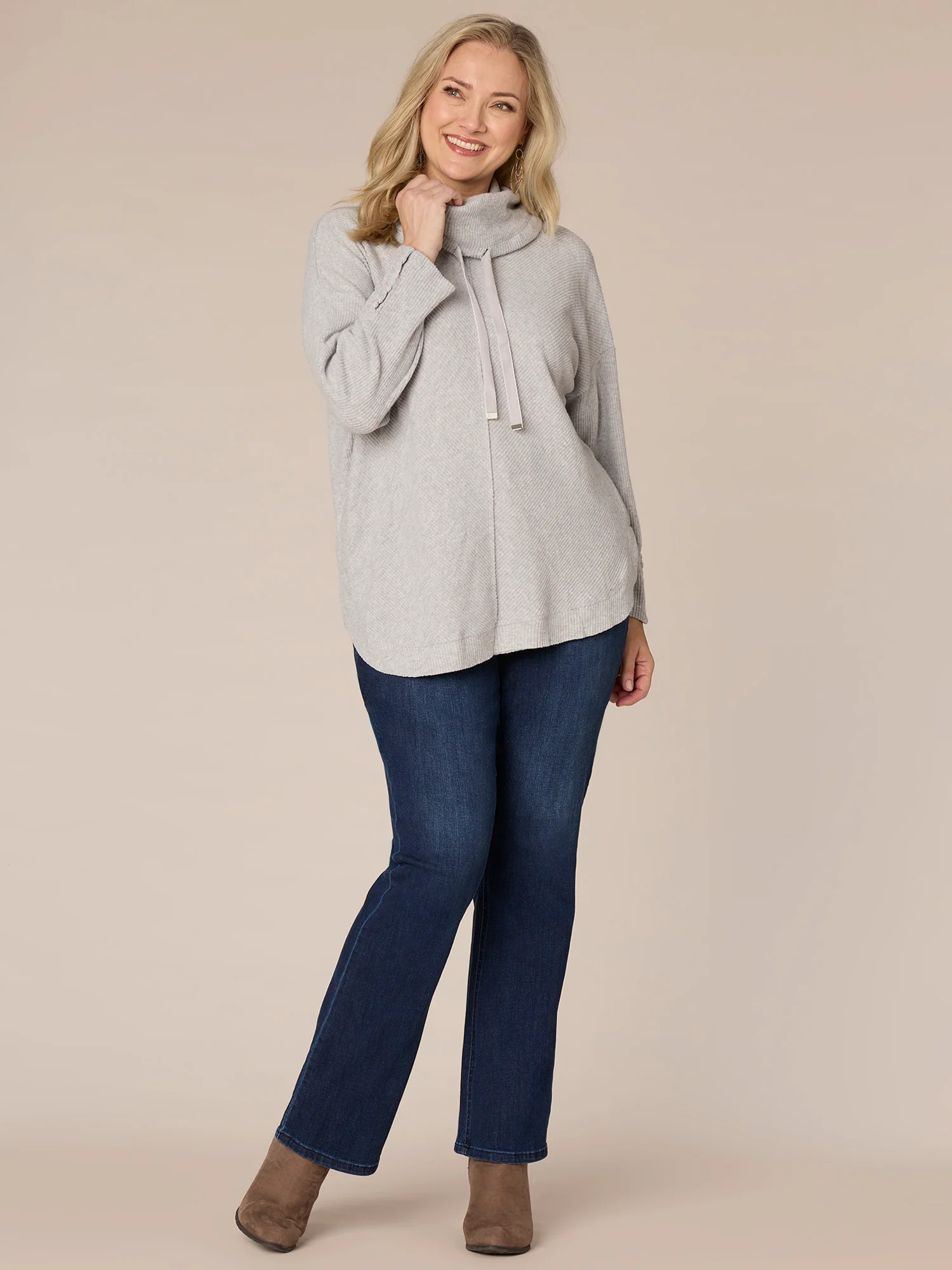 Long Sleeve Cowl Neck Mitered Front Plus Size Knit Tunic with Ties - Legahigh