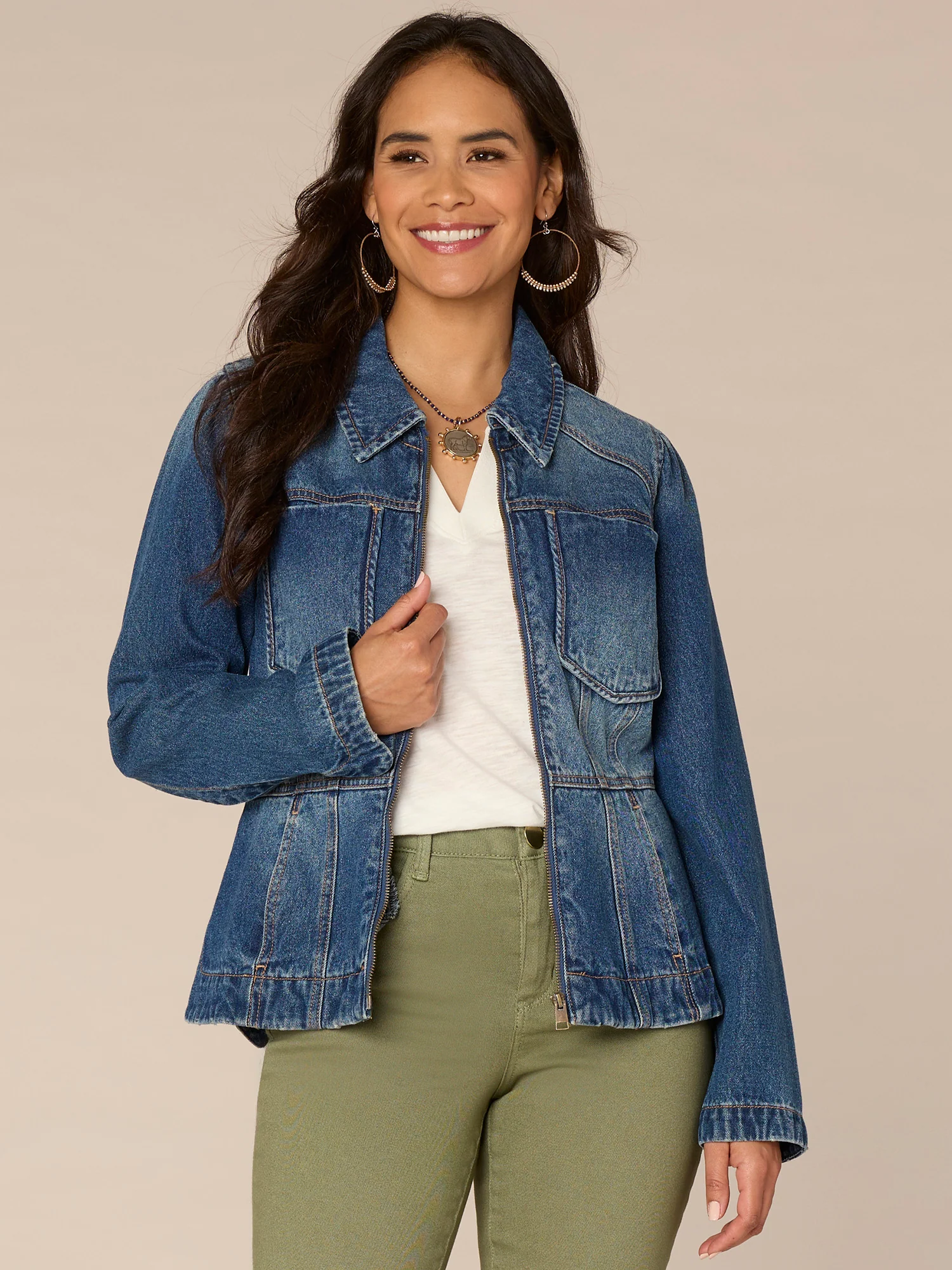 Long Sleeve Zip Front Curved Peplum Hem Jacket with Pockets - Legahigh