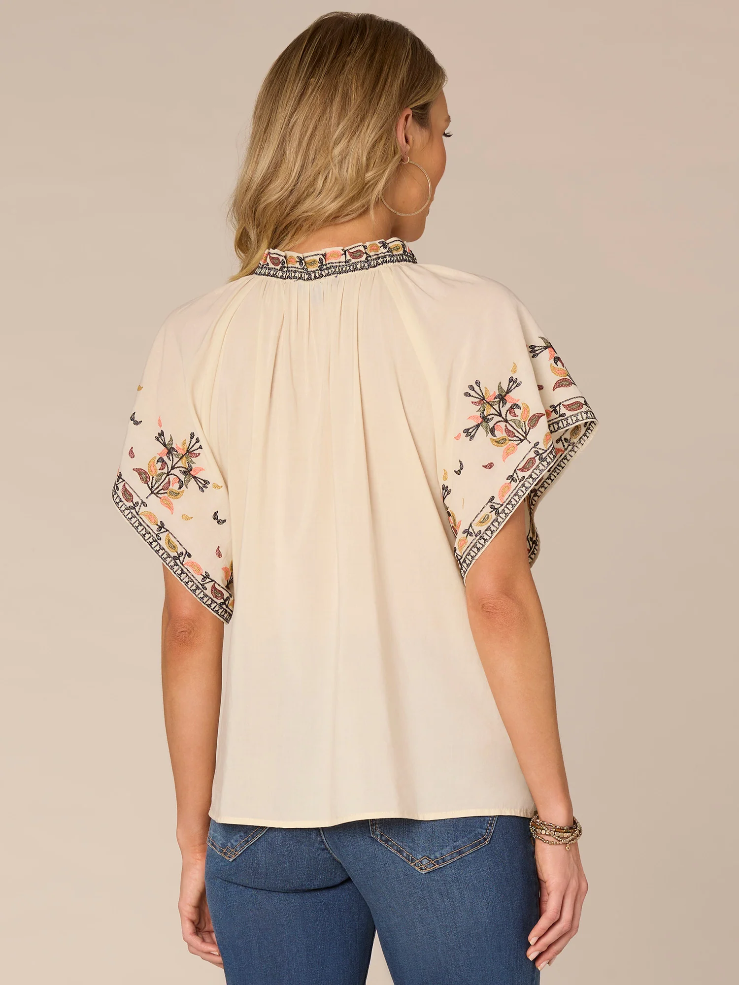 Batwing Sleeve Ruffle Split Neck Woven Top with Embroidered Framing - Legahigh
