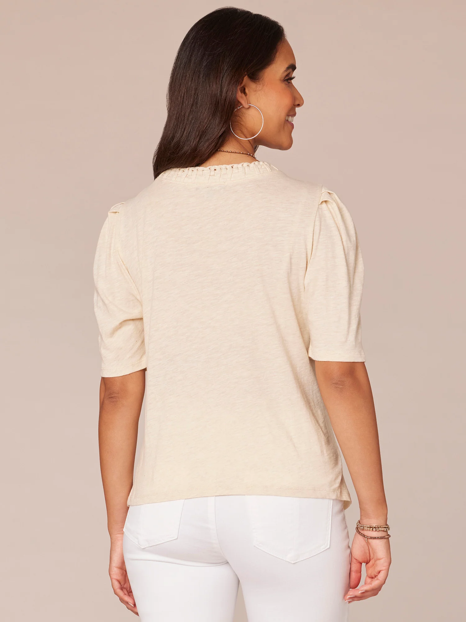 Elbow Sleeve Scoop Neck Petite Knit Top with Soutache Detailing - Legahigh