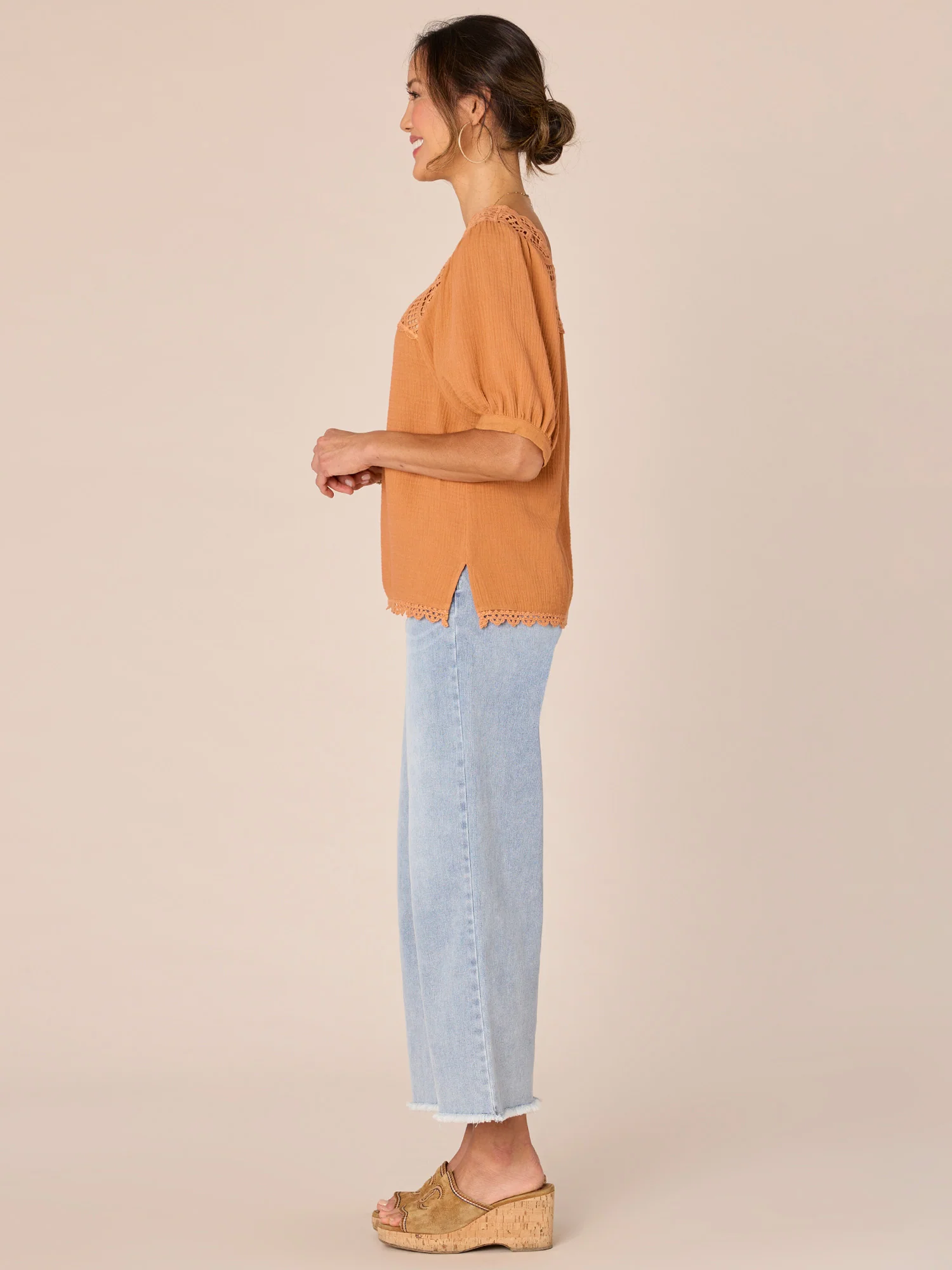 Above Elbow Bubble Sleeve Square Crochet Neck Woven Top - Legahigh