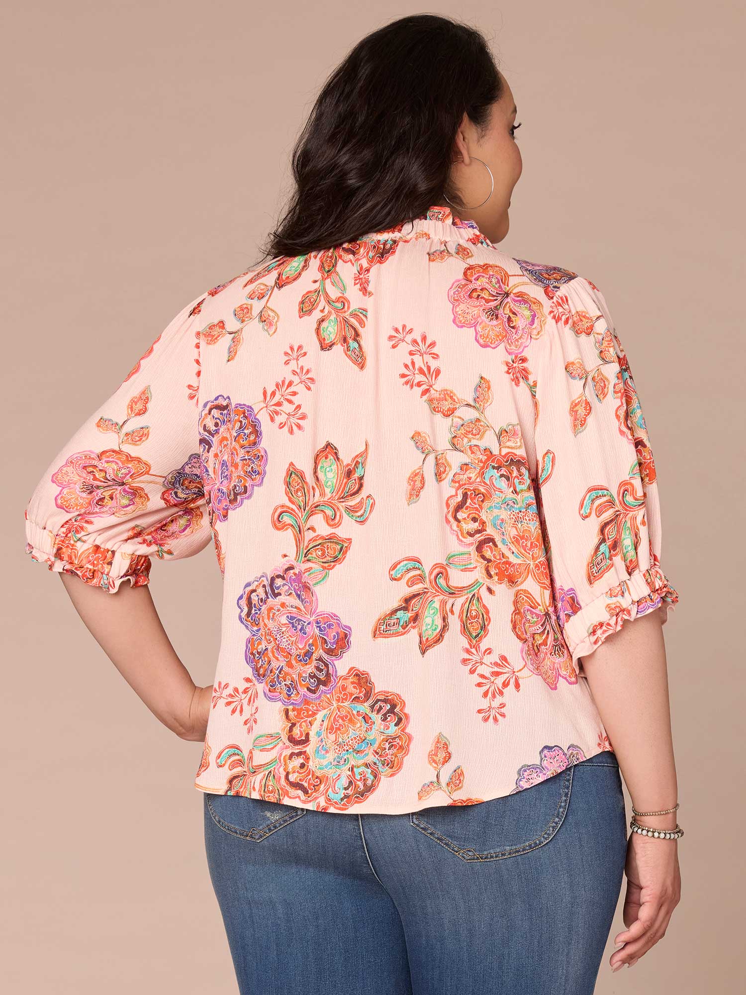 Elbow Length Ruffle Edge Neck Button Down Printed Plus Size Woven Top - Legahigh