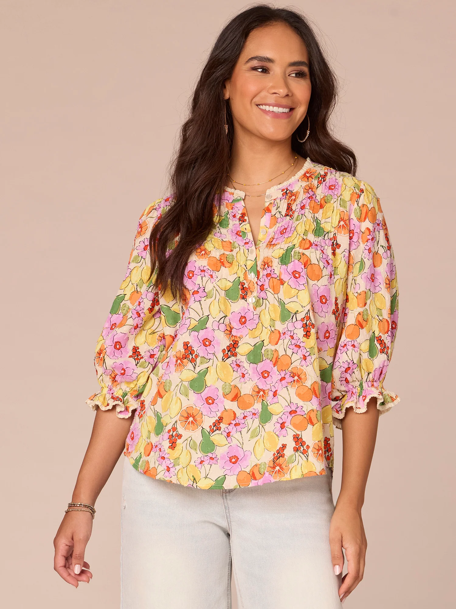 Lantern Sleeve Stand Collar Half Button Placket Printed Woven Top - Legahigh