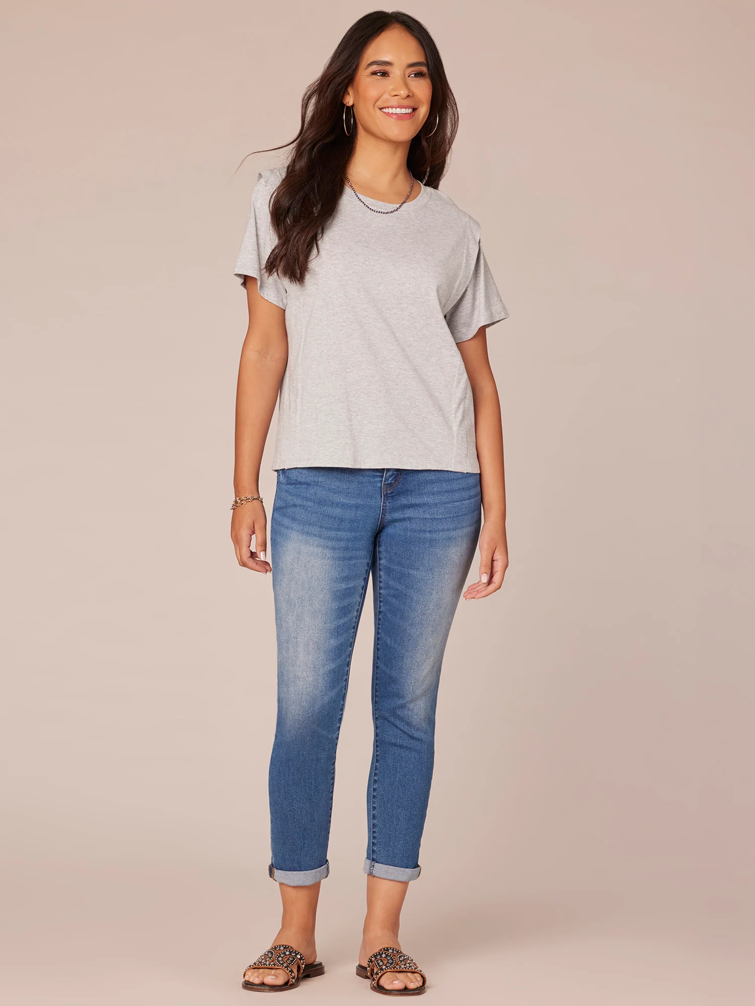 Short Flange Shoulder Sleeve Scoop Neck Shimmery Knit Top - Legahigh