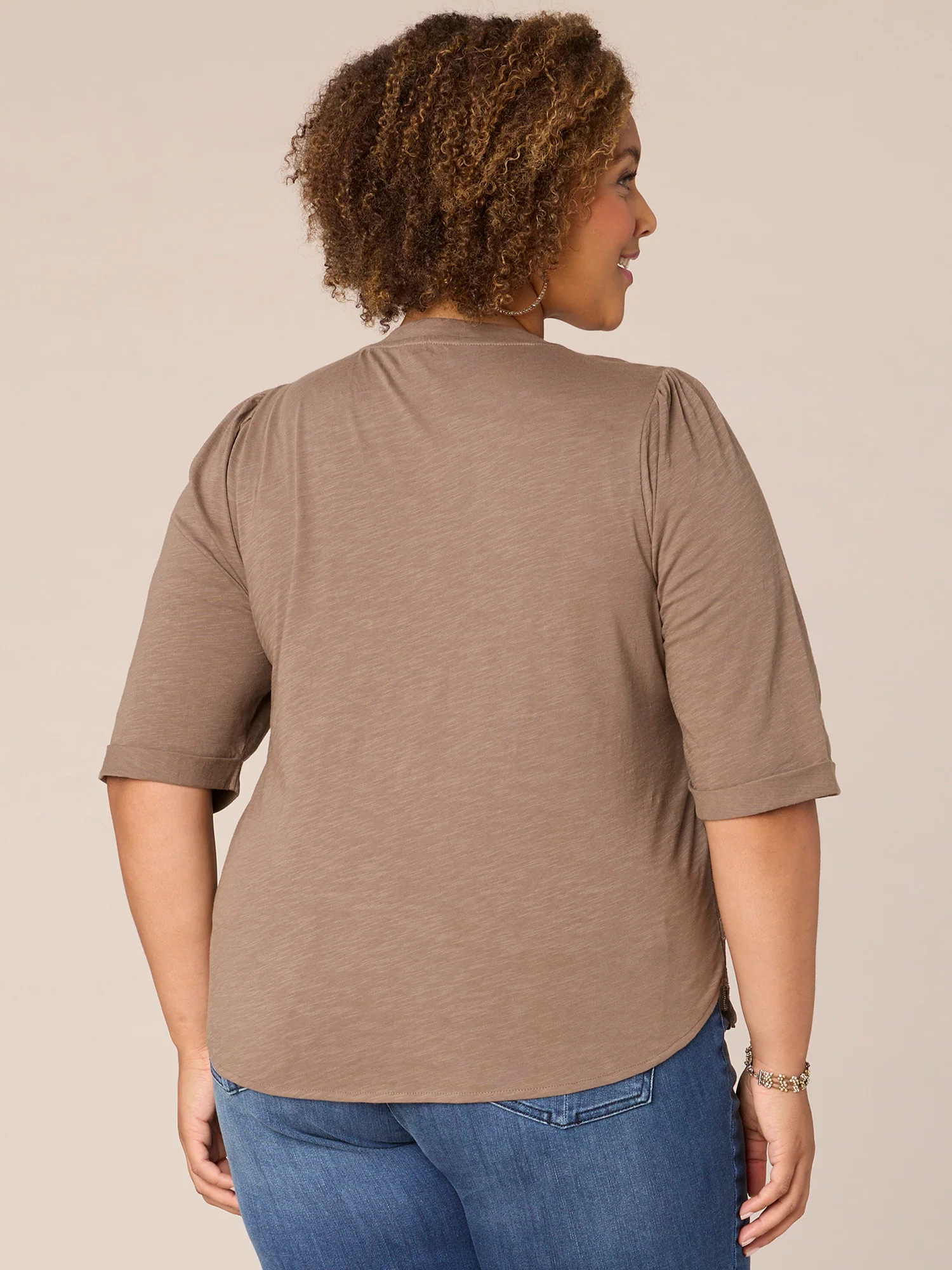 Elbow Puff Sleeve Round Neck Embroidered Plus Size Woven Top - Legahigh