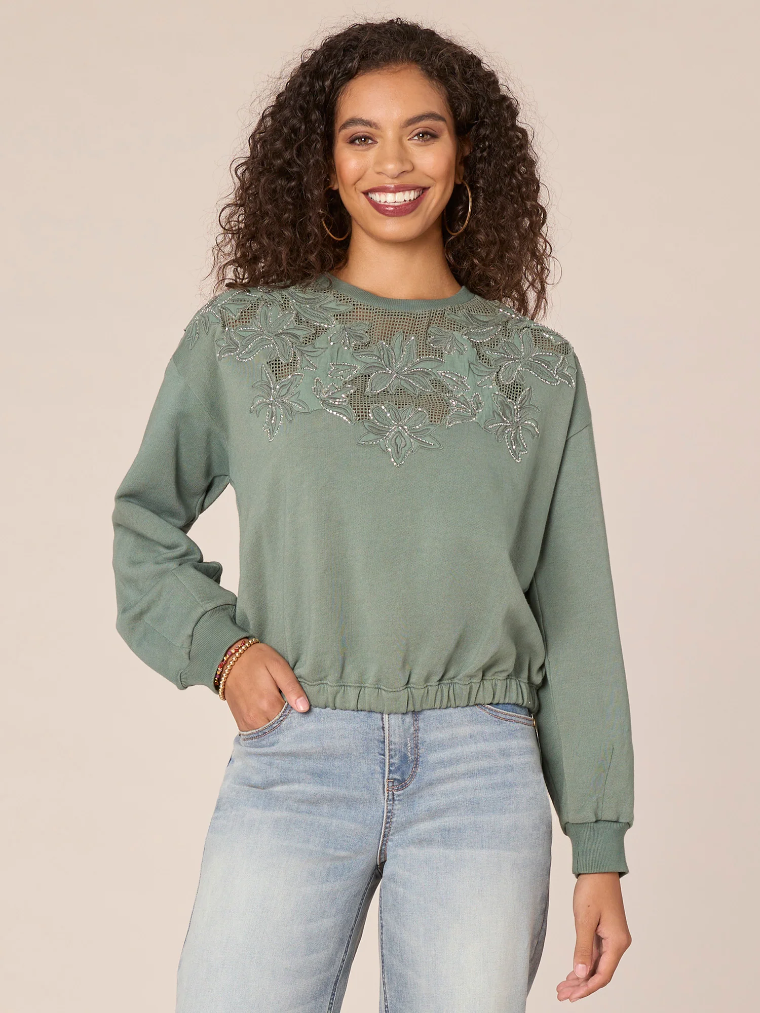 Long Banded Sleeve Scoop Neck Die Cut Beaded Embroidery Knit Top - Legahigh