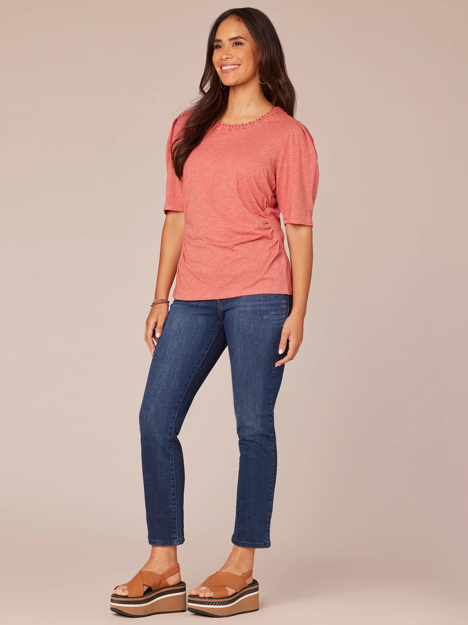 Pleated Elbow Sleeve Scoop Neck Knit Top with Soutache Detail - Legahigh