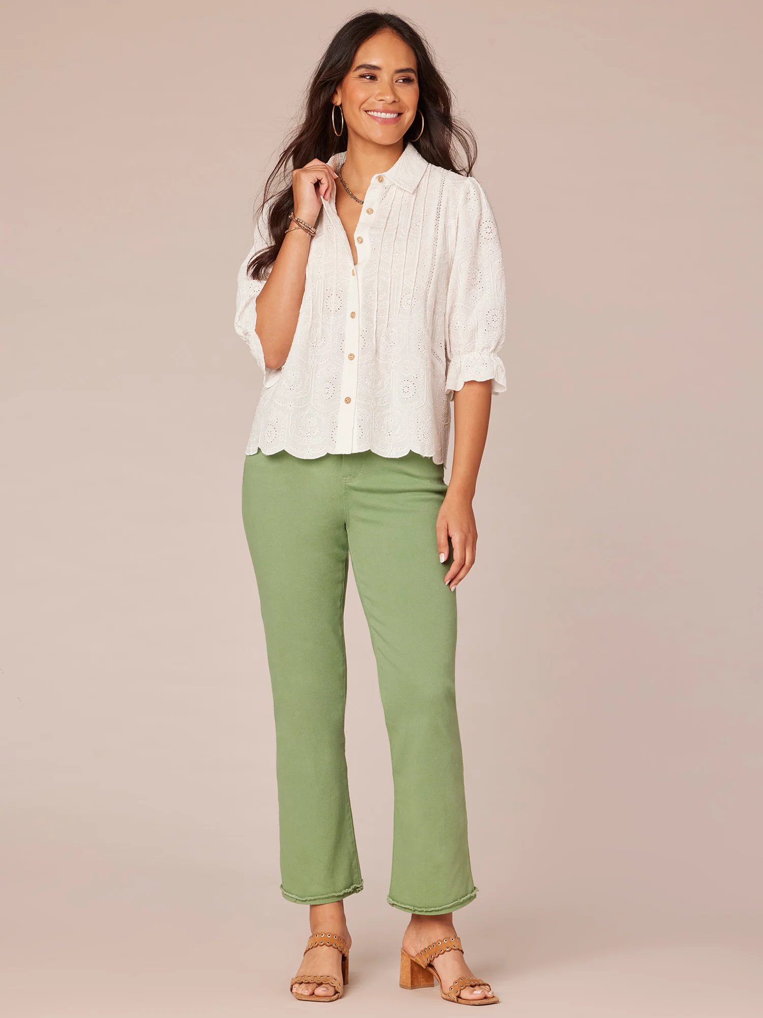 Three Quarter Sleeve Button Down Crochet Inset Petite Woven Top - Legahigh