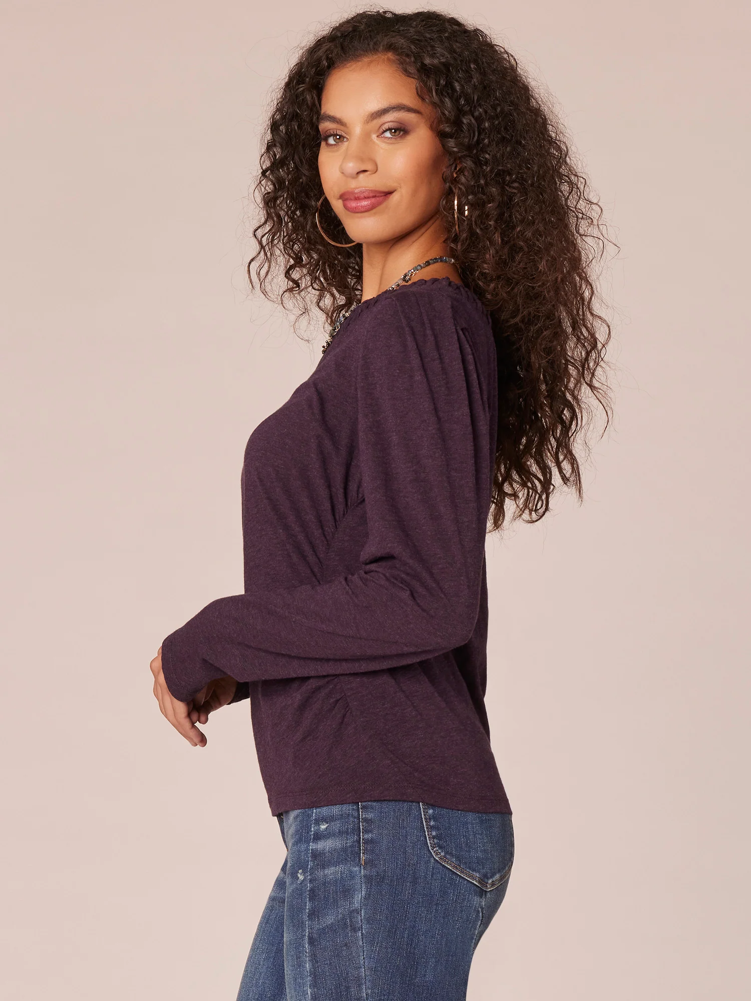 Long Sleeve Soutache Embroidered Crew Neck Knit Top with Ruching - Legahigh