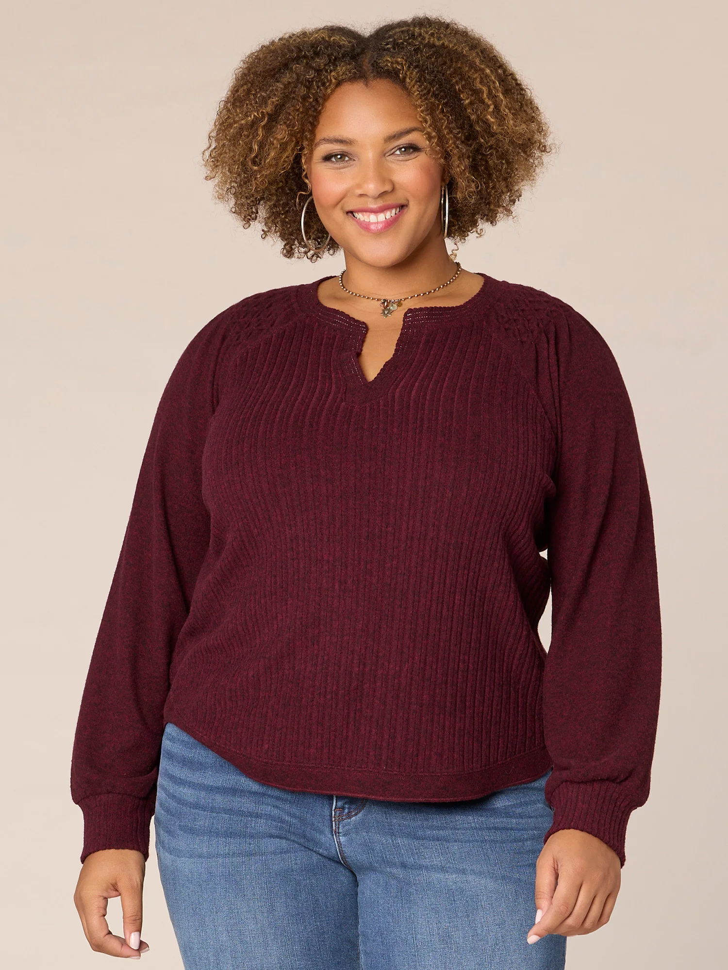 Long Smocked Sleeve Mandarin Collar Half Placket Plus Size Knit Top - Legahigh