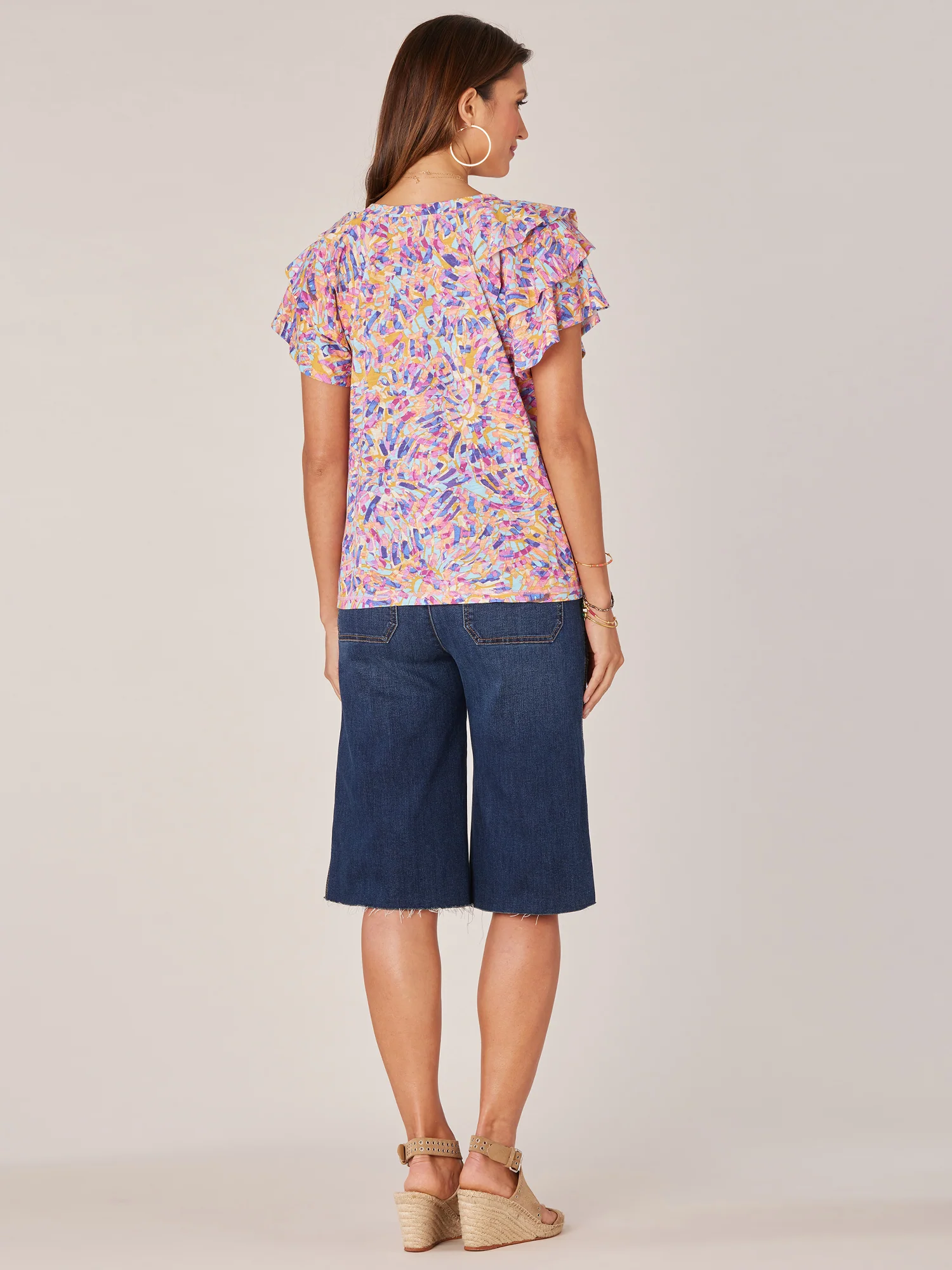 Short Three Tiered Sleeve V-Neck Abstract Print Petite Knit Top - Legahigh