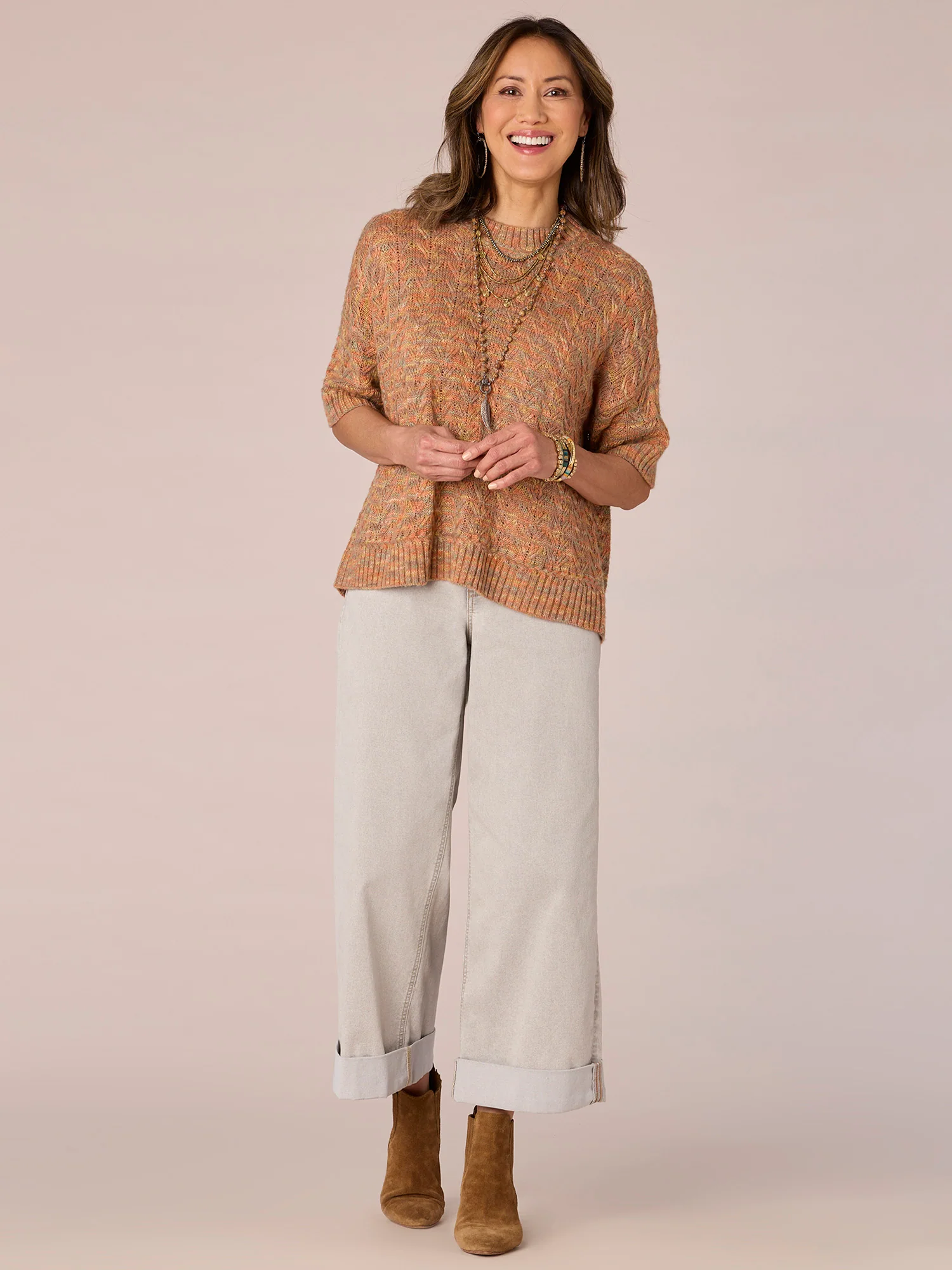 Elbow Dolman Sleeve Round Neck Space Dye Sweater - Legahigh