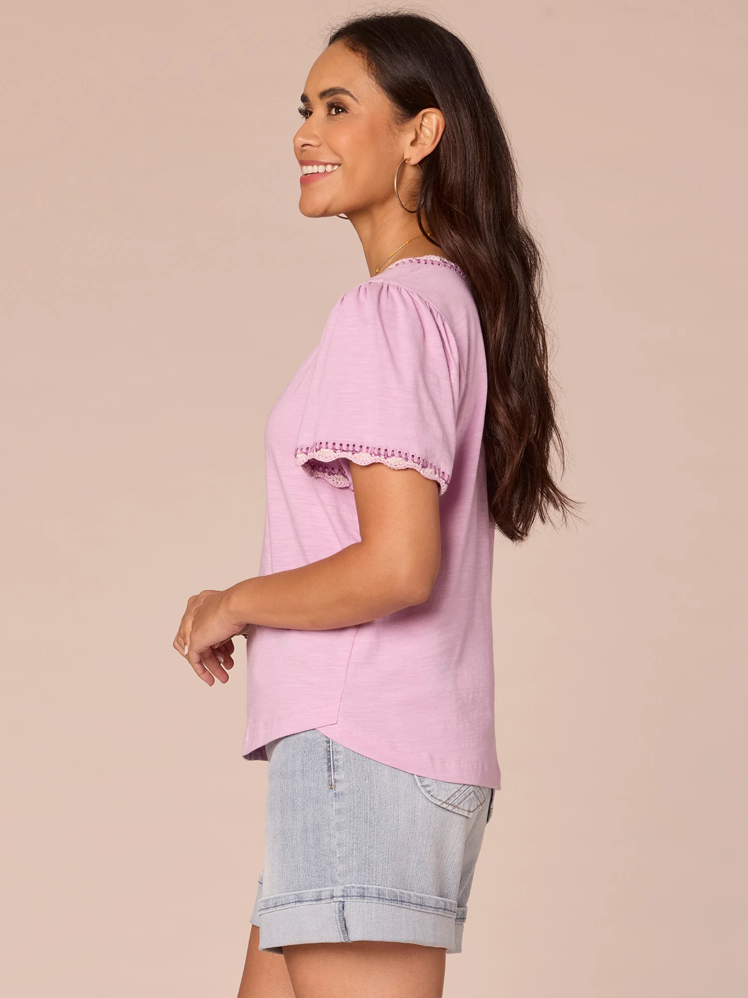 Short Bell Sleeve Scallop Crochet Edge Split V-Neck Petite Knit Top - Legahigh