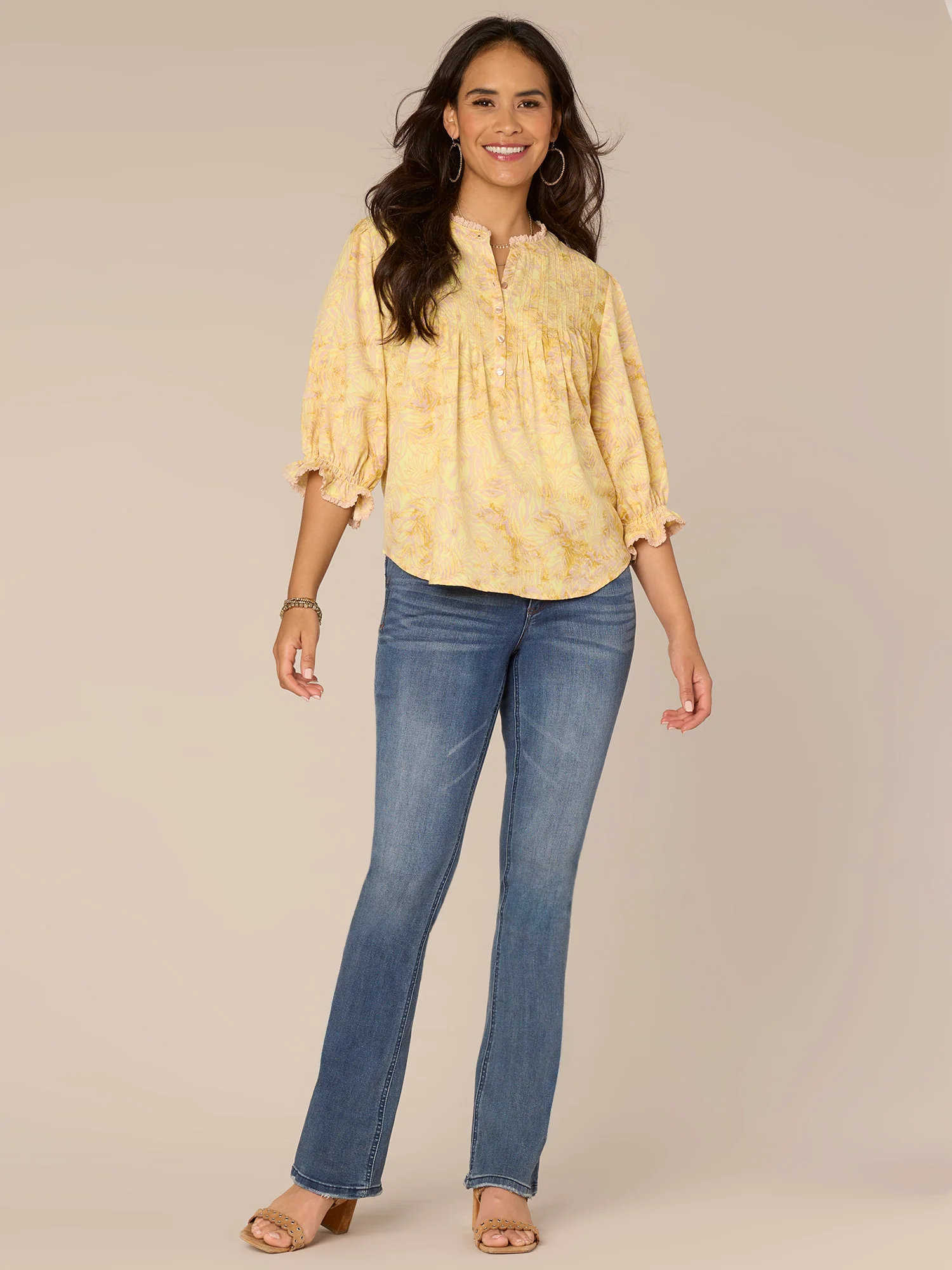 Elbow Lantern Sleeve Stand Collar Button Placket Leaf Print Woven Top - Legahigh