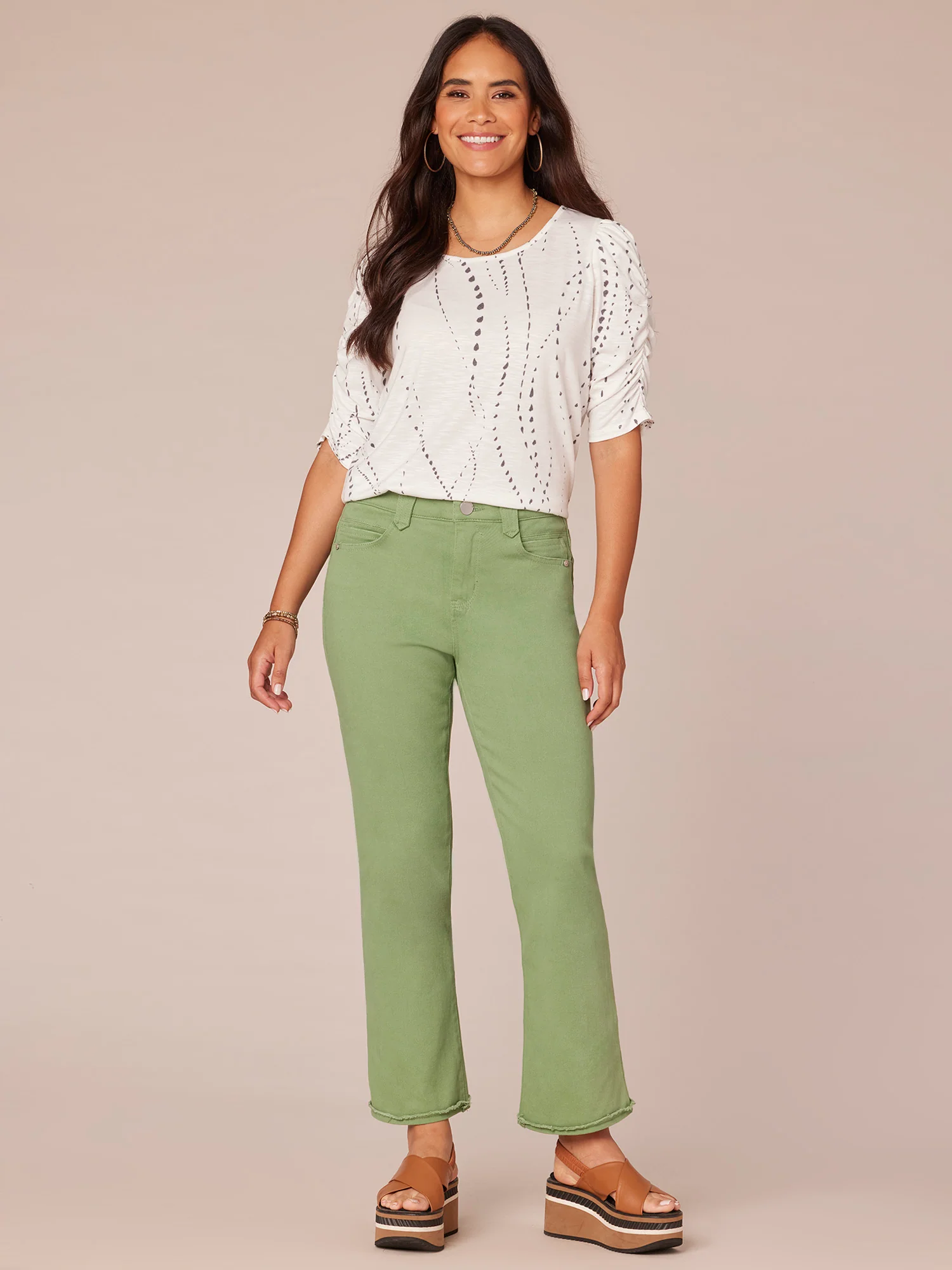 Ruched Elbow Sleeve Scoop Neck Dotted Print Keyhole Petite Knit Top - Legahigh