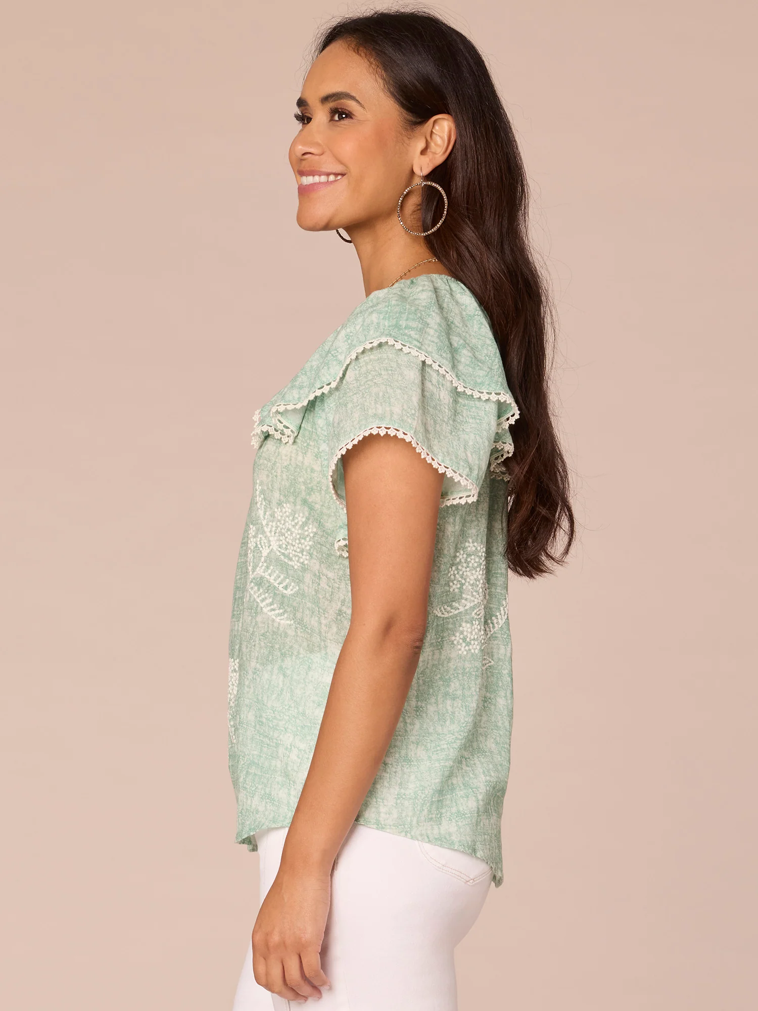 Double Layer Short Flounce Sleeve Round Neck Embroidered Woven Top - Legahigh