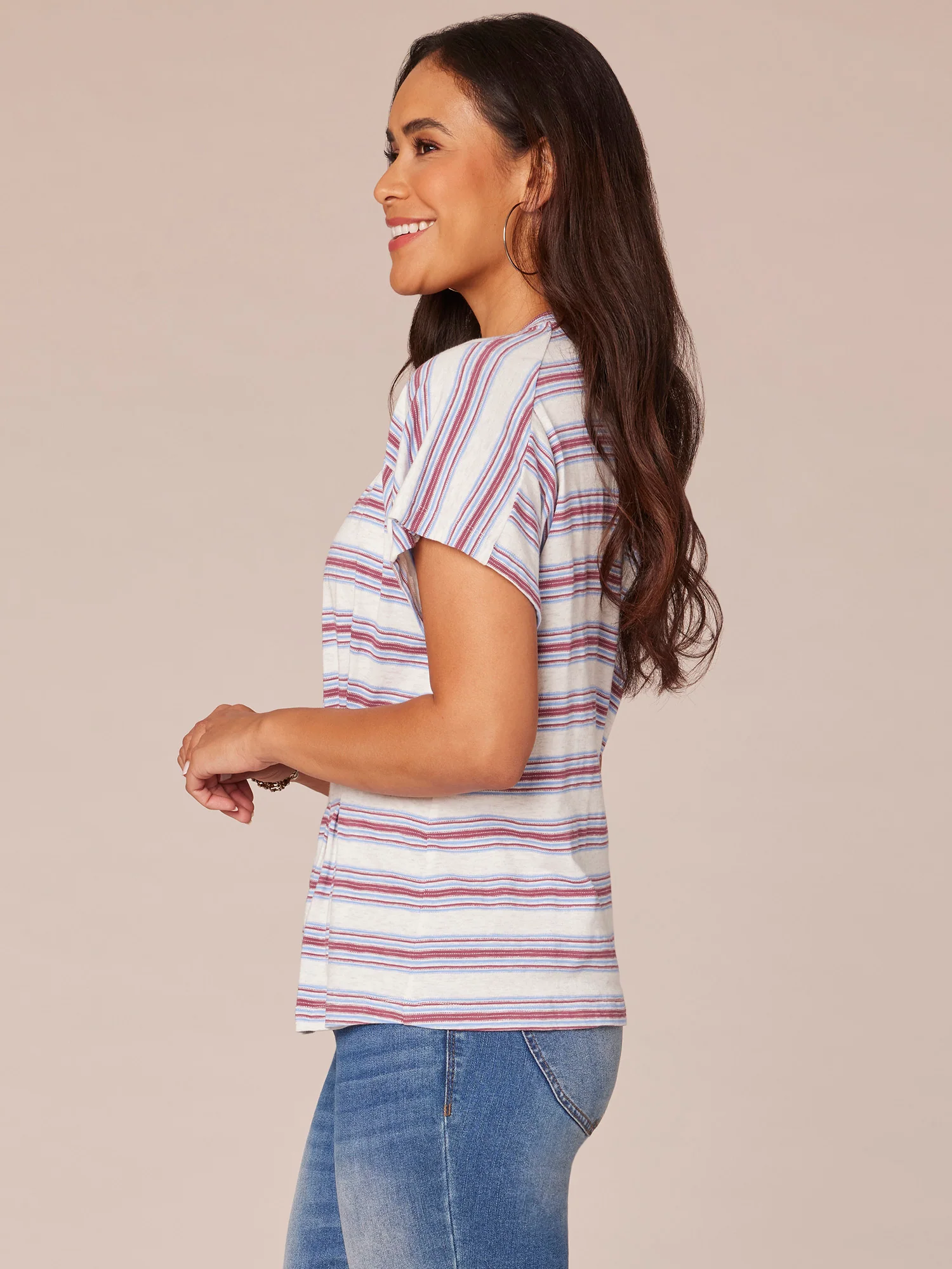 Short Sleeve Crew Neck Side Pleat Stripe Print Knit Top - Legahigh