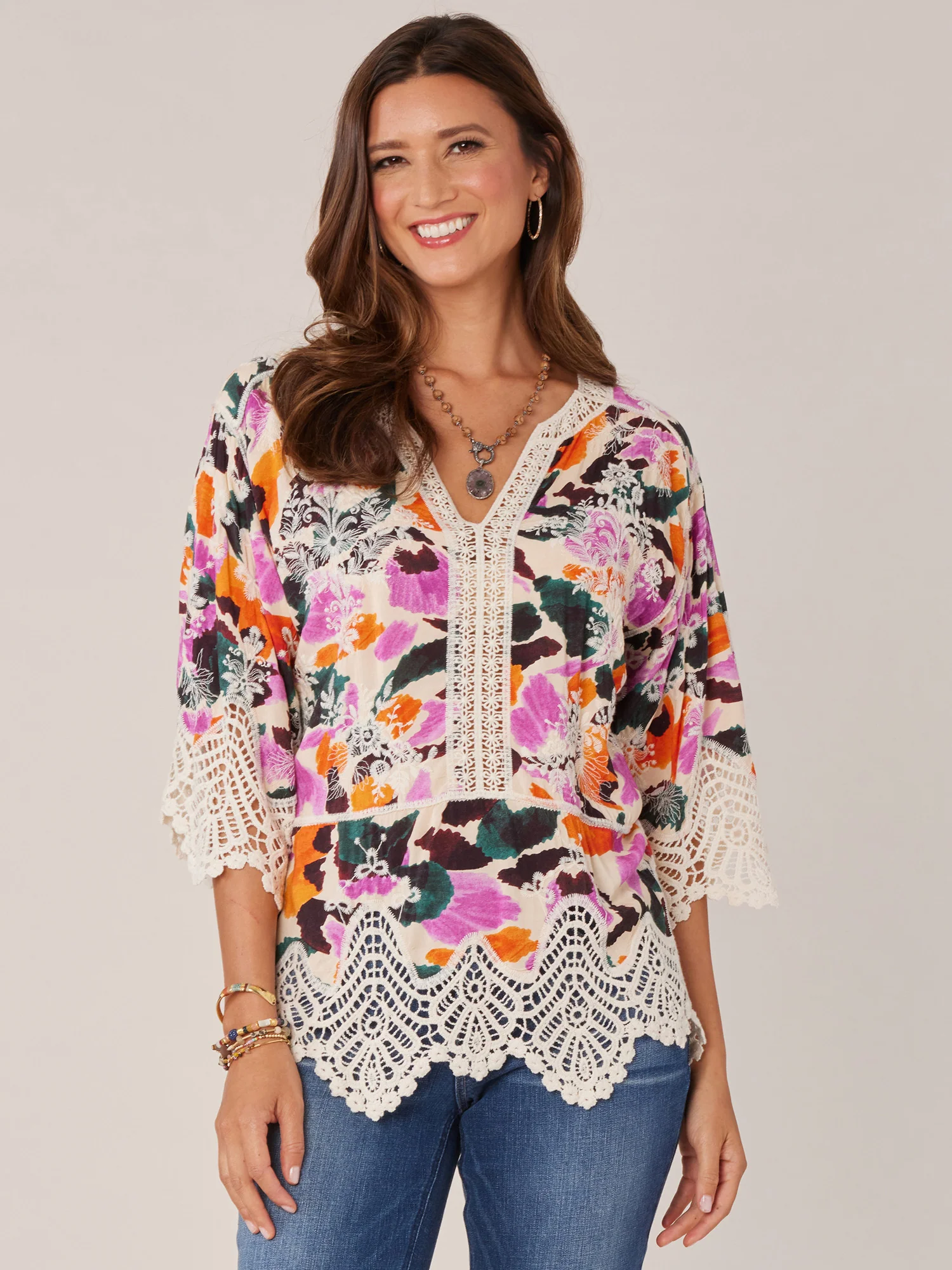 Three Quarter Sleeve V-Notch Neck Peplum Crochet Printed Woven Top - Legahigh