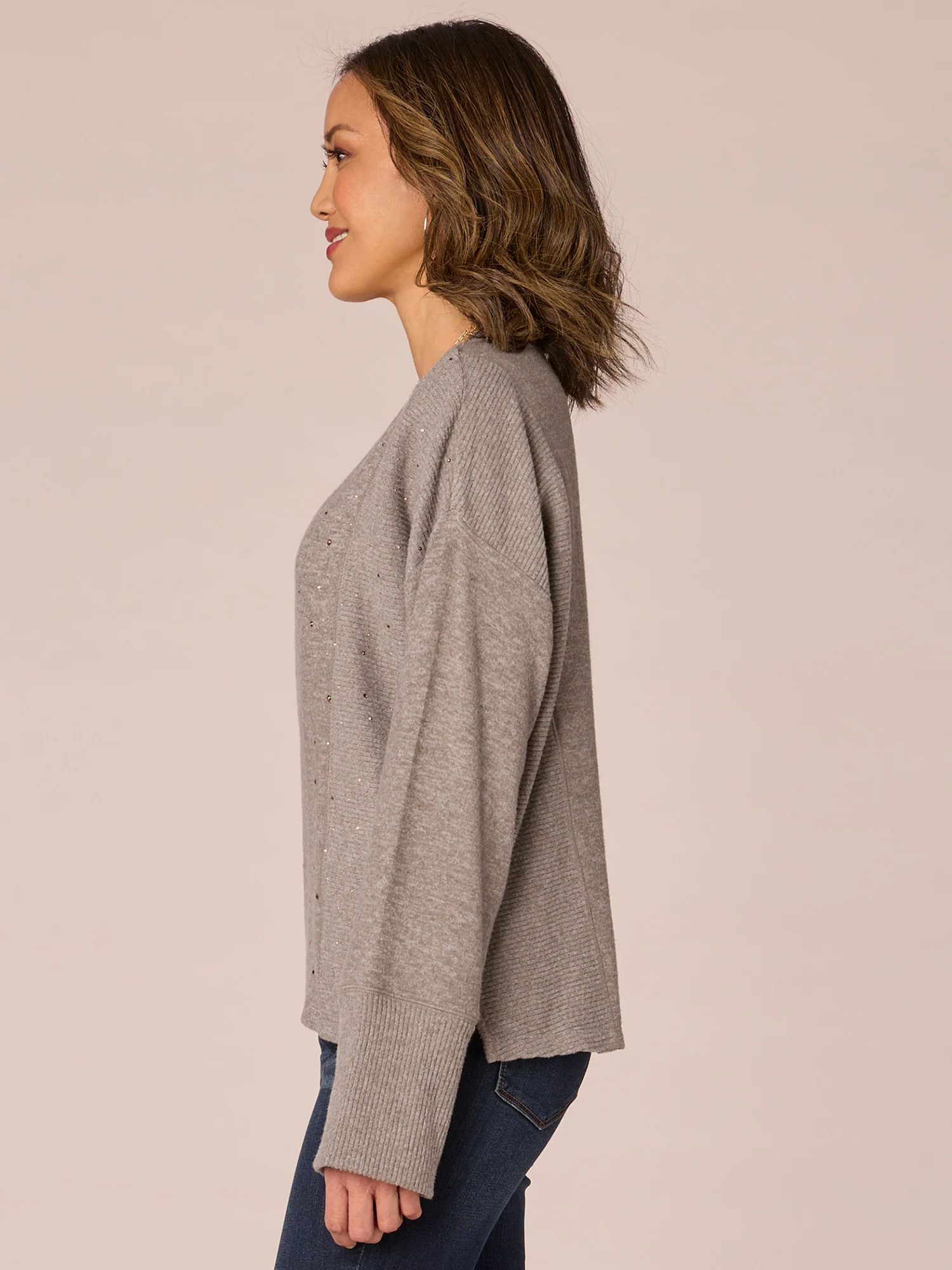 Long Straight Sleeve Scoop Neck Rhinestone Mixed Media Knit Top - Legahigh