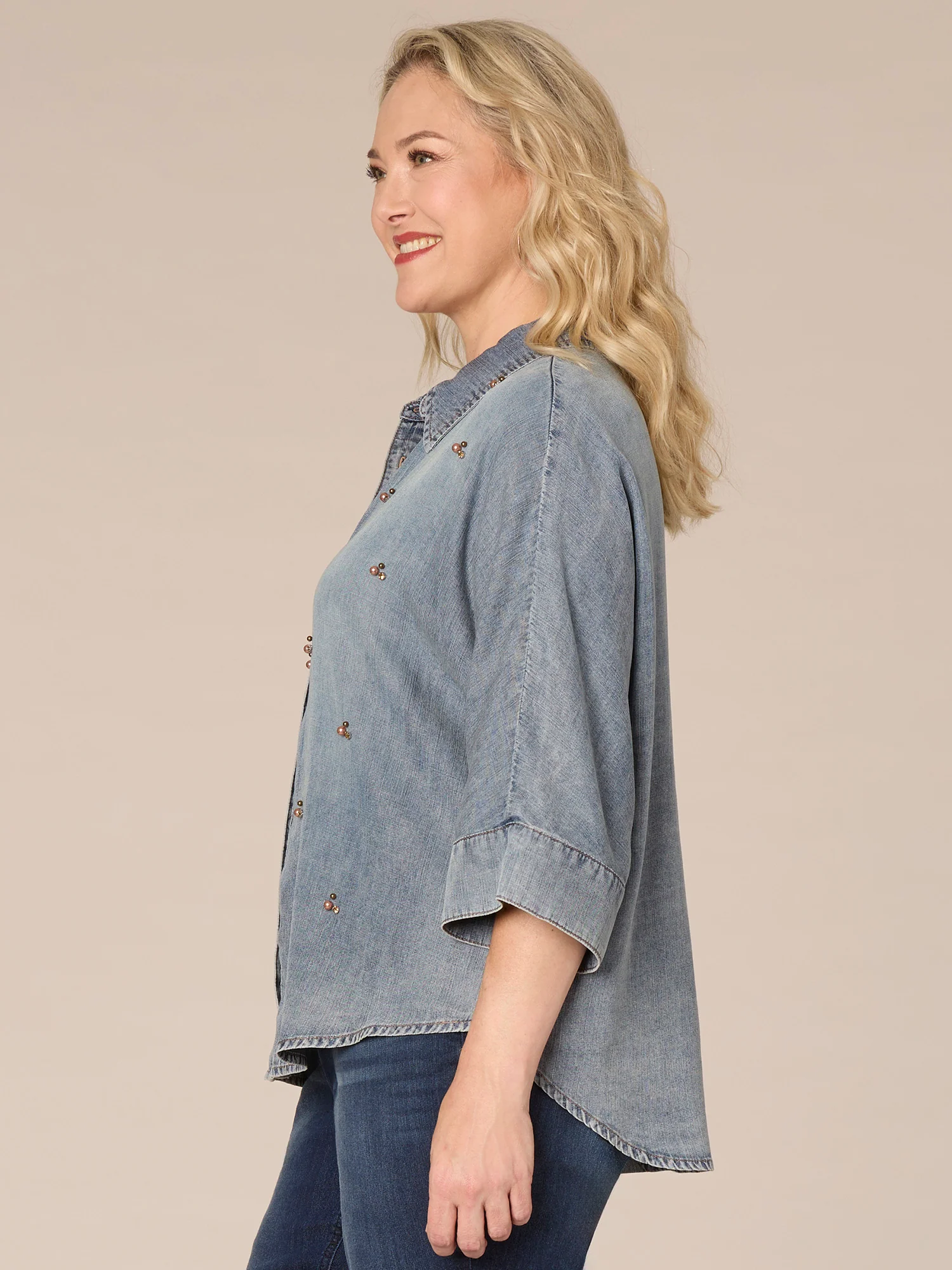 Three Quarter Sleeve Button Front Embellished Plus Size Knit Top - Legahigh