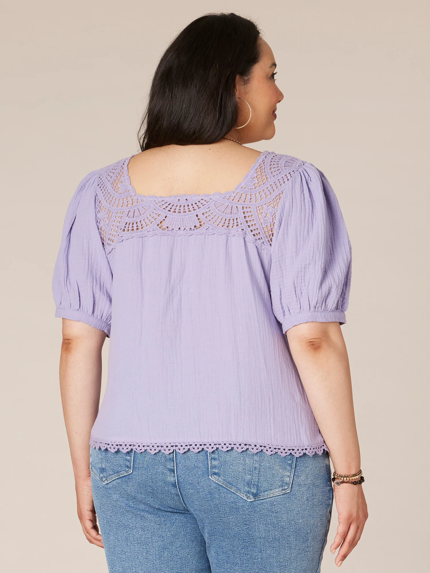 Above Elbow Sleeve Square Neck Plus Size Woven Top with Crochet - Legahigh