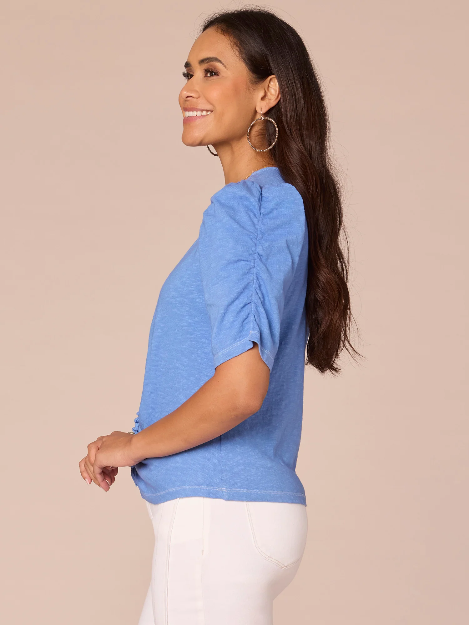 Elbow Shirred Puff Sleeve V-Neck Ruched Front Knit Top - Legahigh