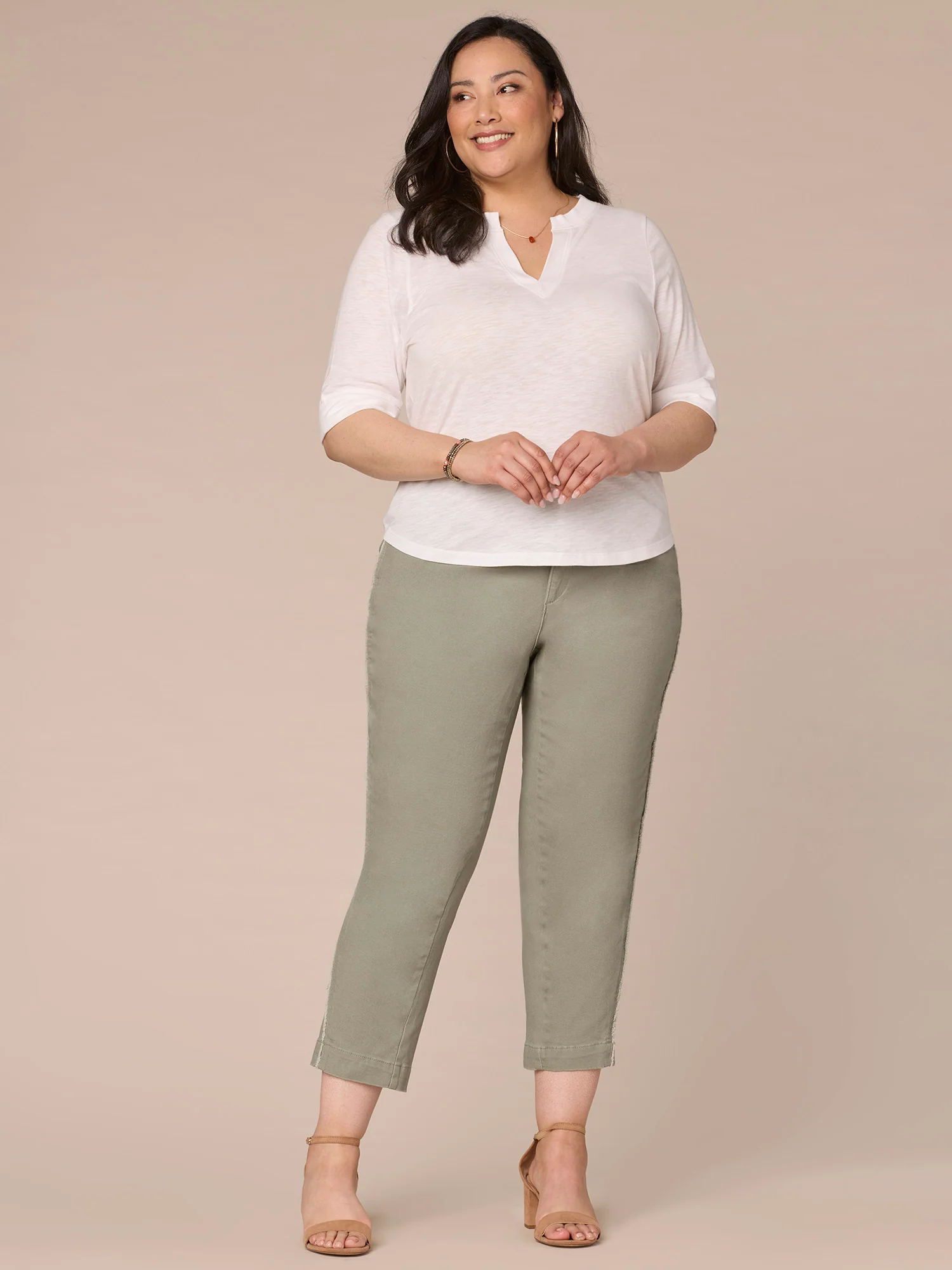 Roll Cuff Sleeve Round Split V-Neck Surplus Hem Plus Size Knit Top - Legahigh