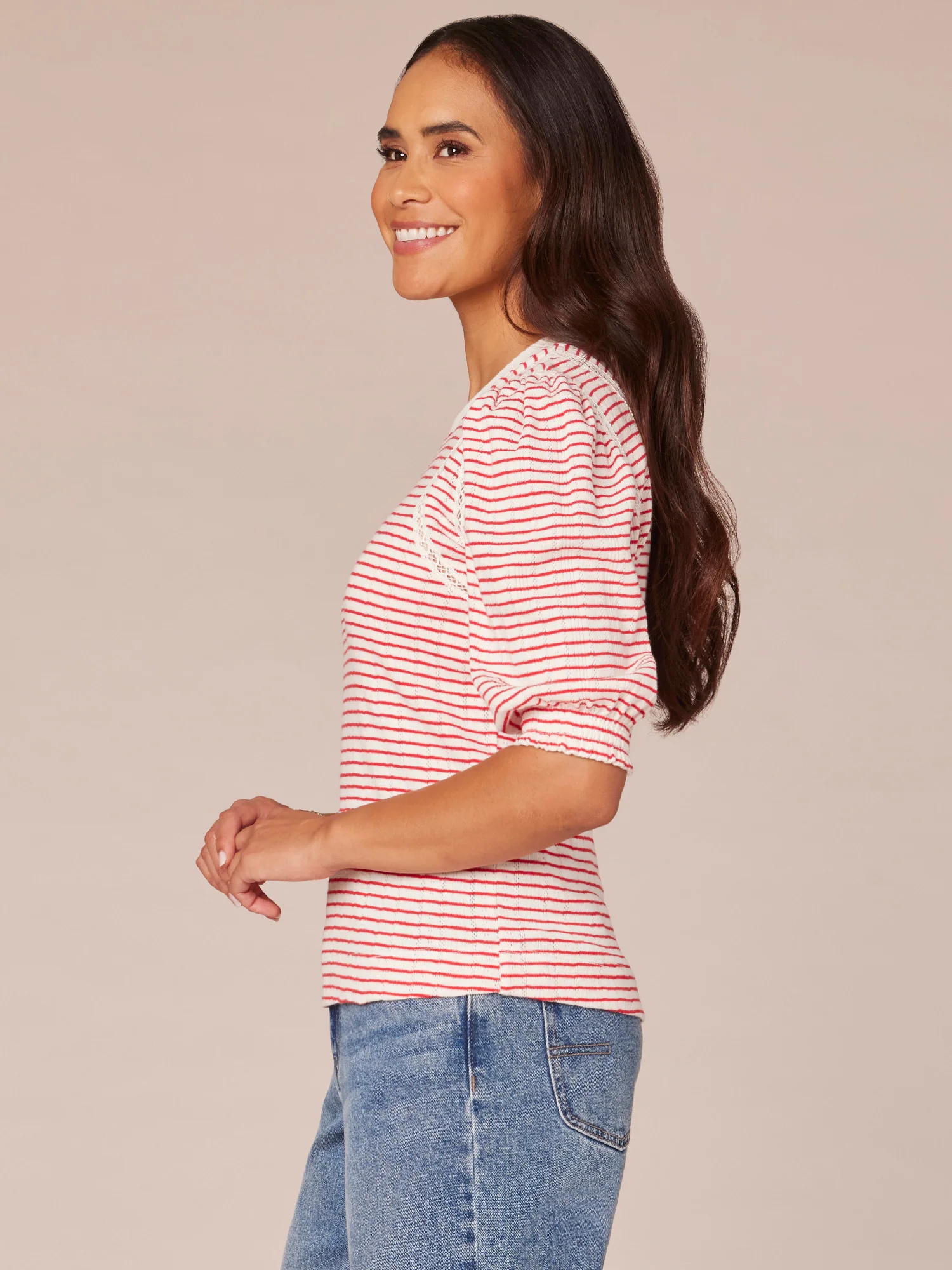 Elbow Sleeve Crew Neck Stripe Print Knit Top with Crochet Stitch - Legahigh