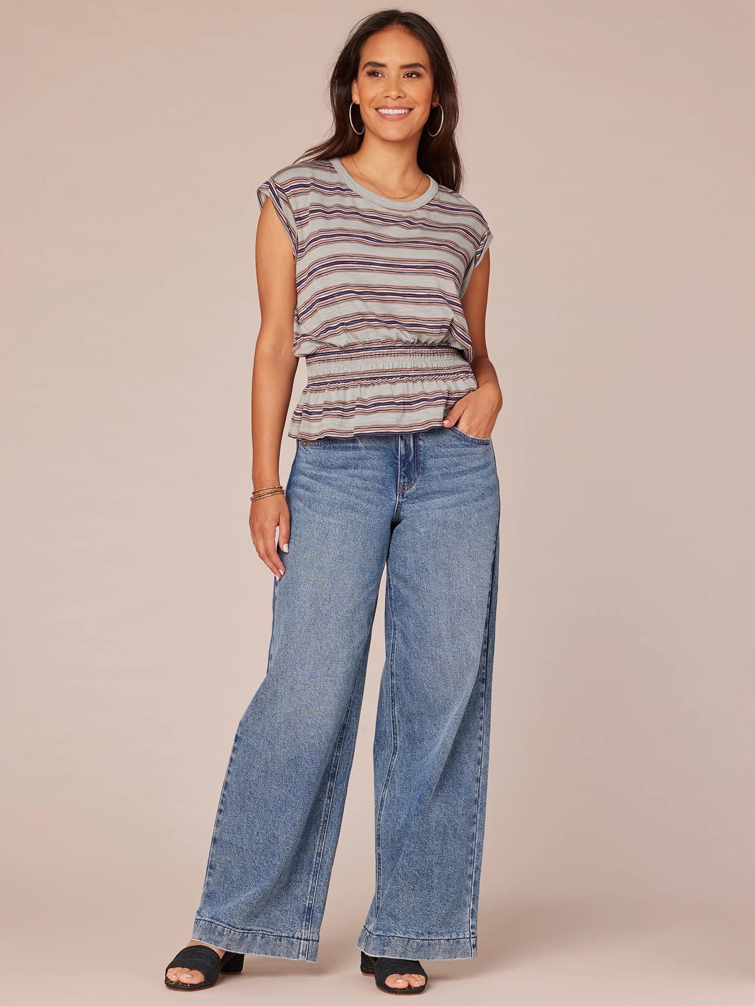 Roll Cuff Cap Sleeve Scoop Neck Stripe Print Peplum Hem Knit Top - Legahigh