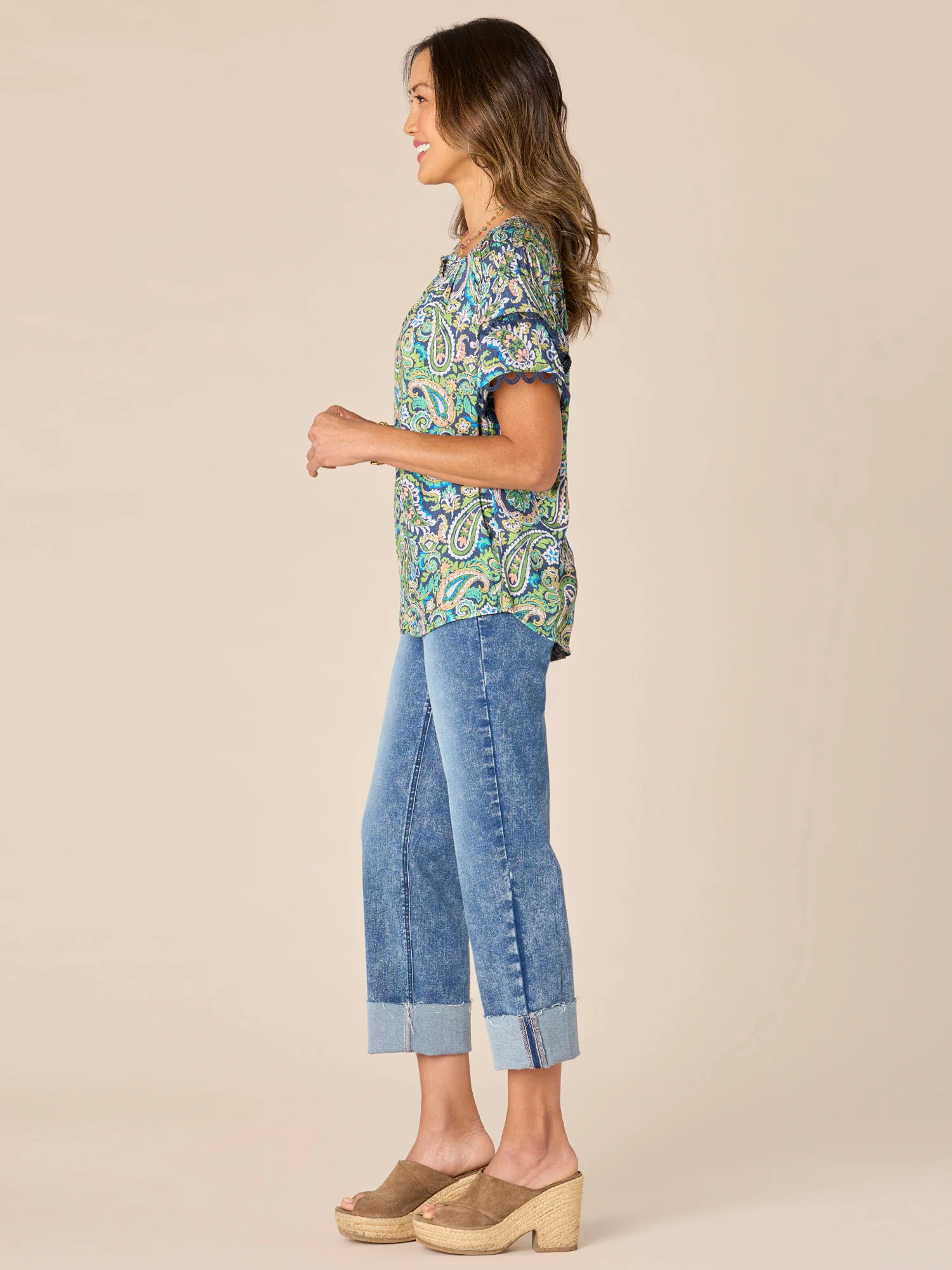 Short Double Flounce Sleeve Smock Neck Printed Woven Top - Legahigh