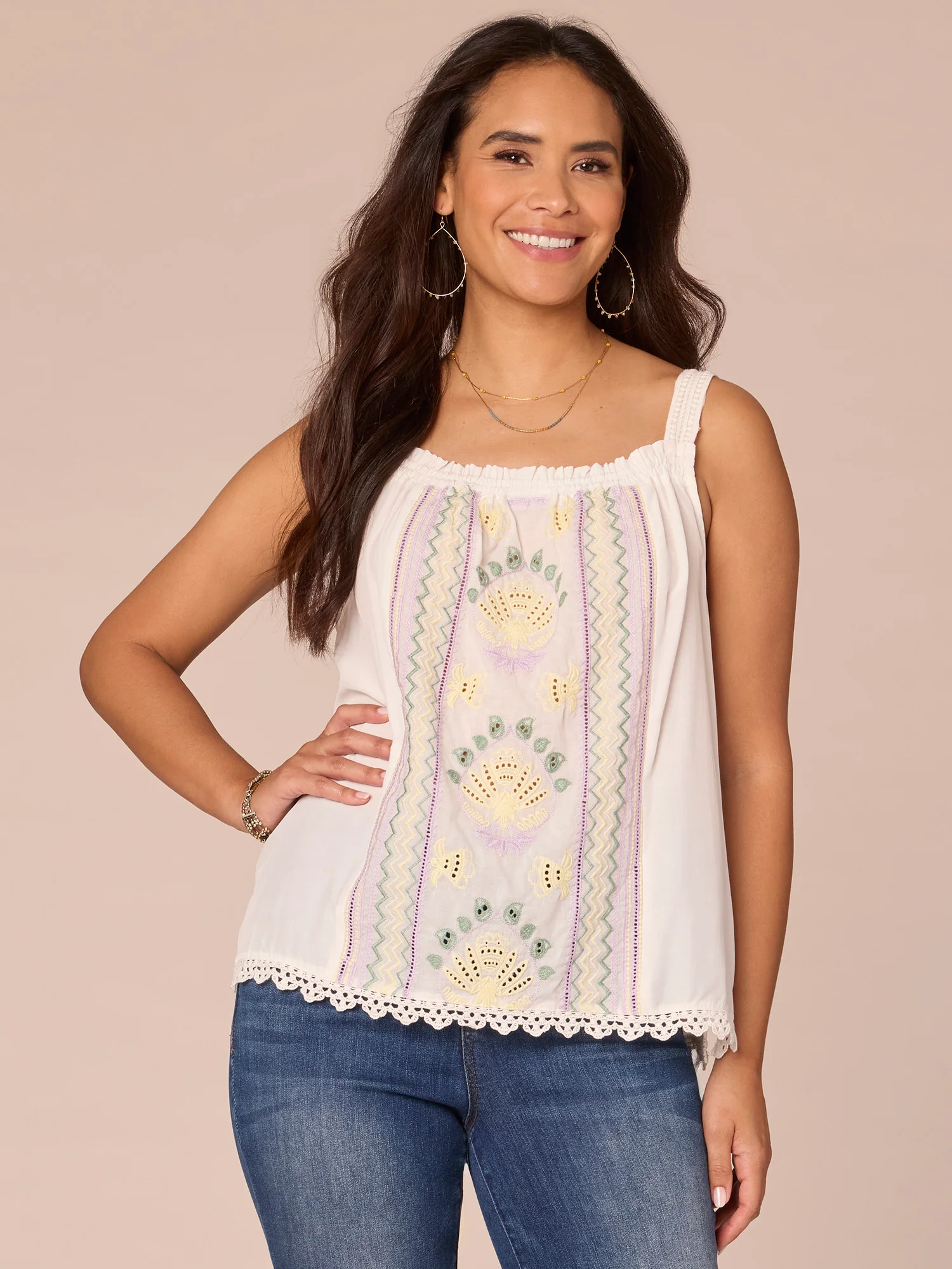 Wide Strap Ruched Square Neck Embroidered Petite Woven Tank Top - Legahigh