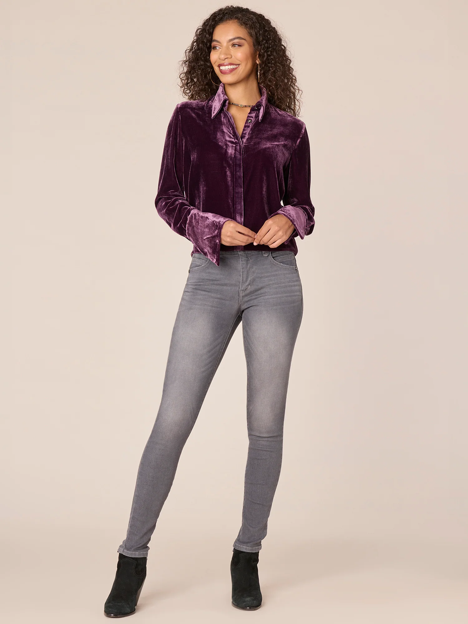 Long French Cuff Sleeve Button Down Velvet Petite Woven Shirt - Legahigh