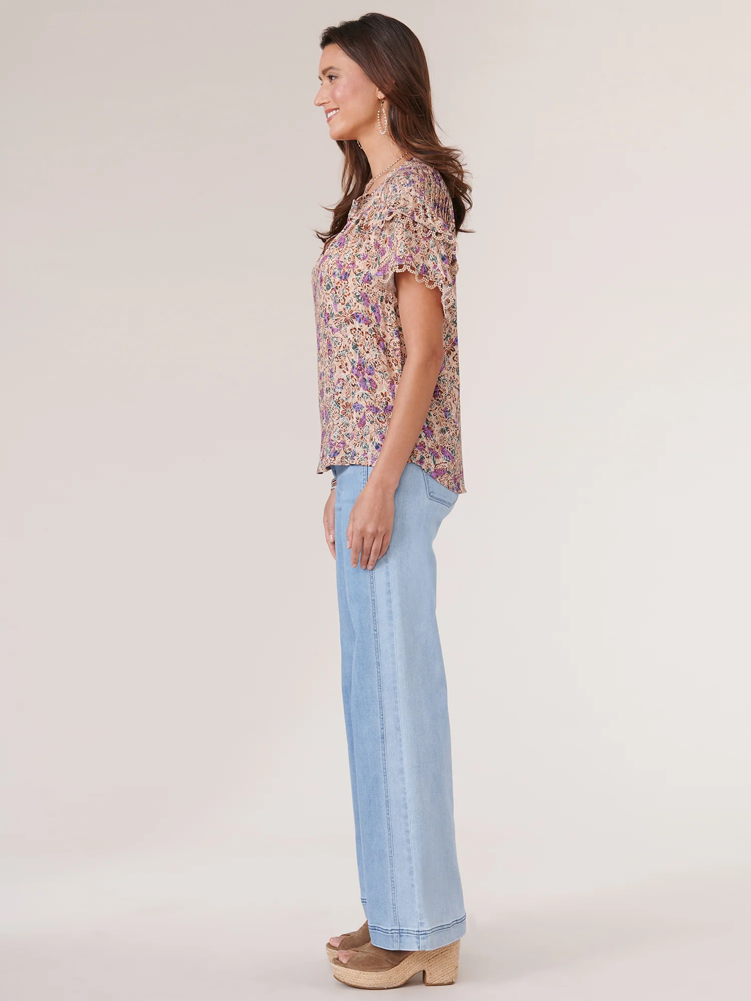 Short Double Flounce Sleeve Smock Neck Printed Woven Top - Legahigh