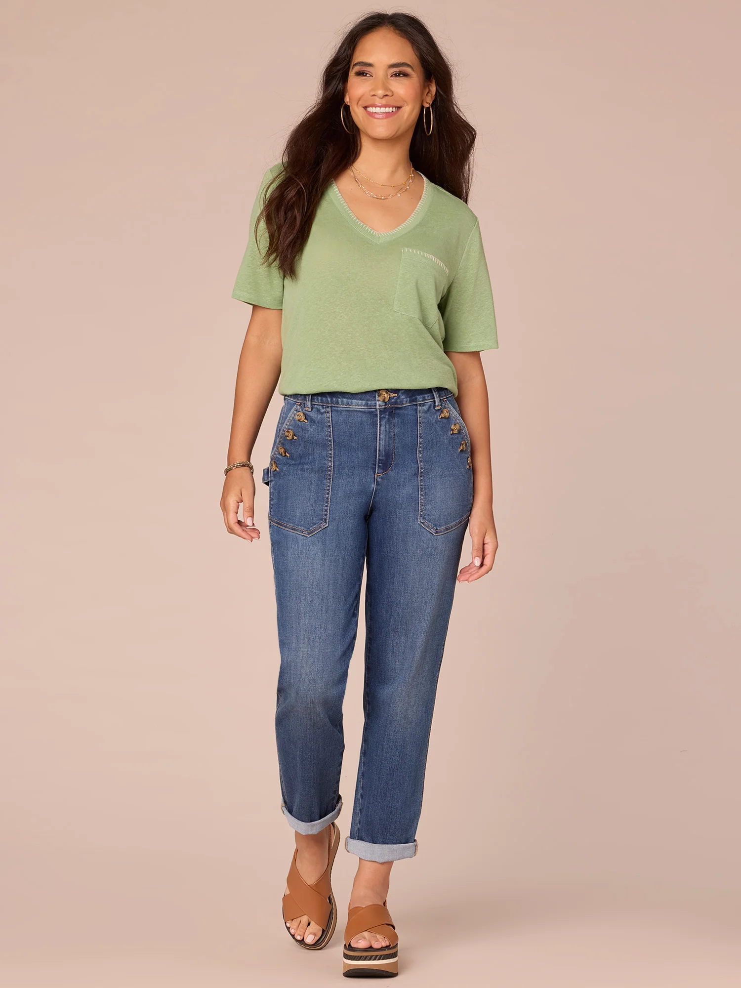 Short Sleeve V-Neck Contrast Blanket Stitch Pocket Knit Top - Legahigh