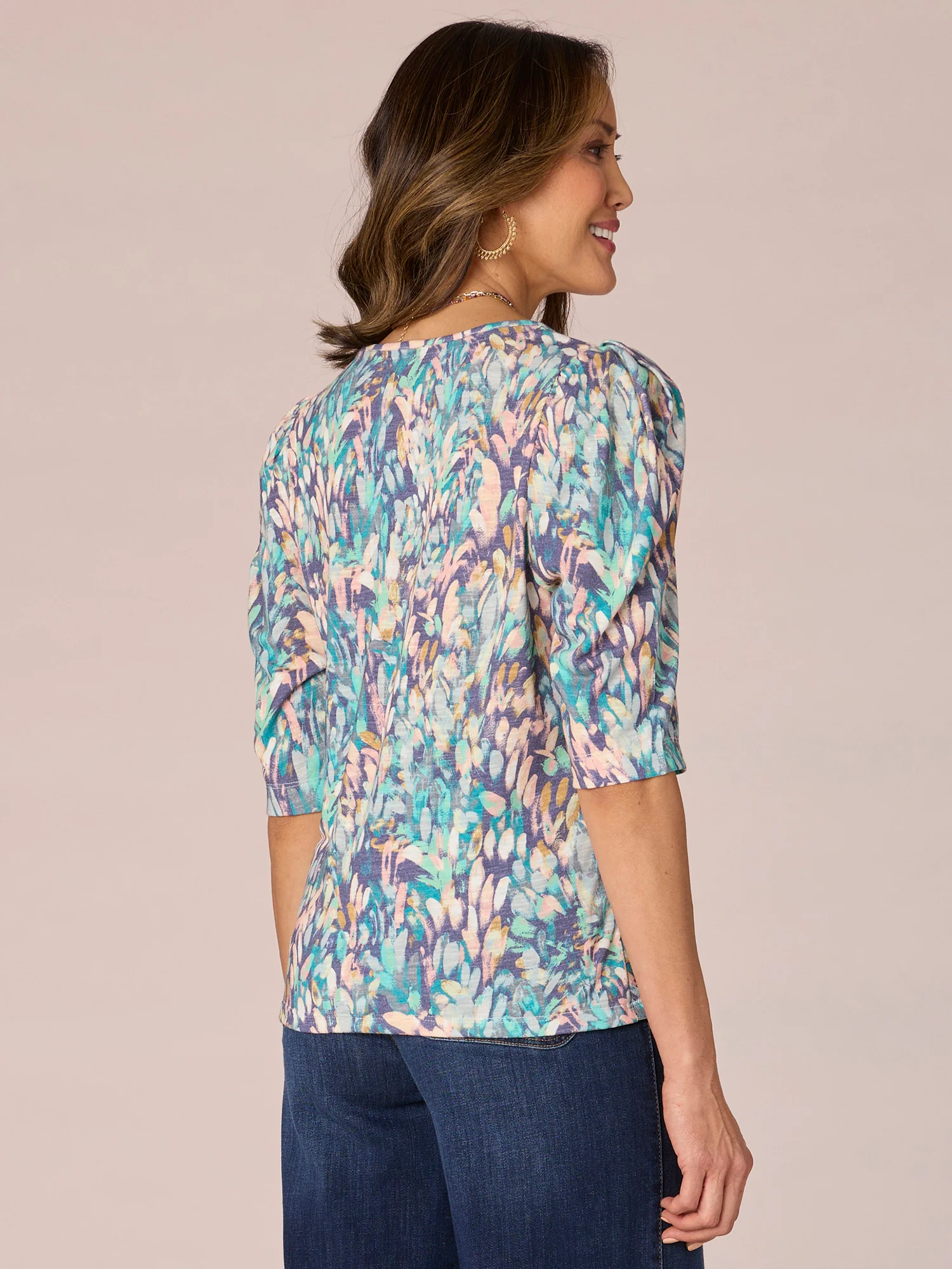 Elbow Puff Sleeve V-Neck Ruched Front Abstract Print Knit Top - Legahigh