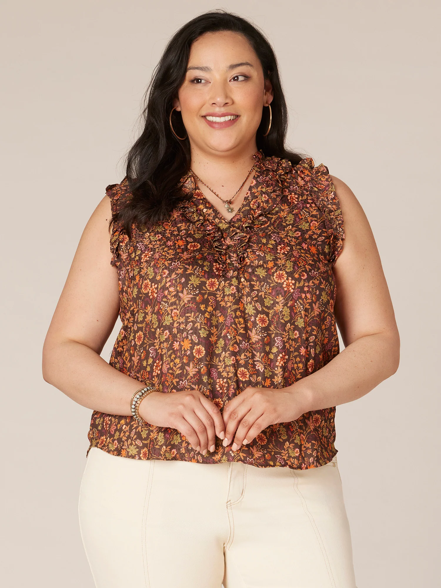 Sleeveless Ruffle Stand Collar V-Neck Printed Plus Size Woven Tank Top - Legahigh