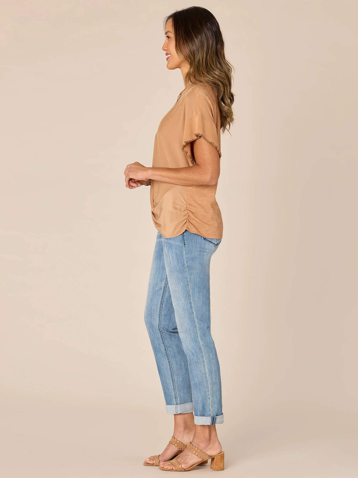 Extended Short Sleeve Round Neck Woven Top with Metallic Tipping - Legahigh